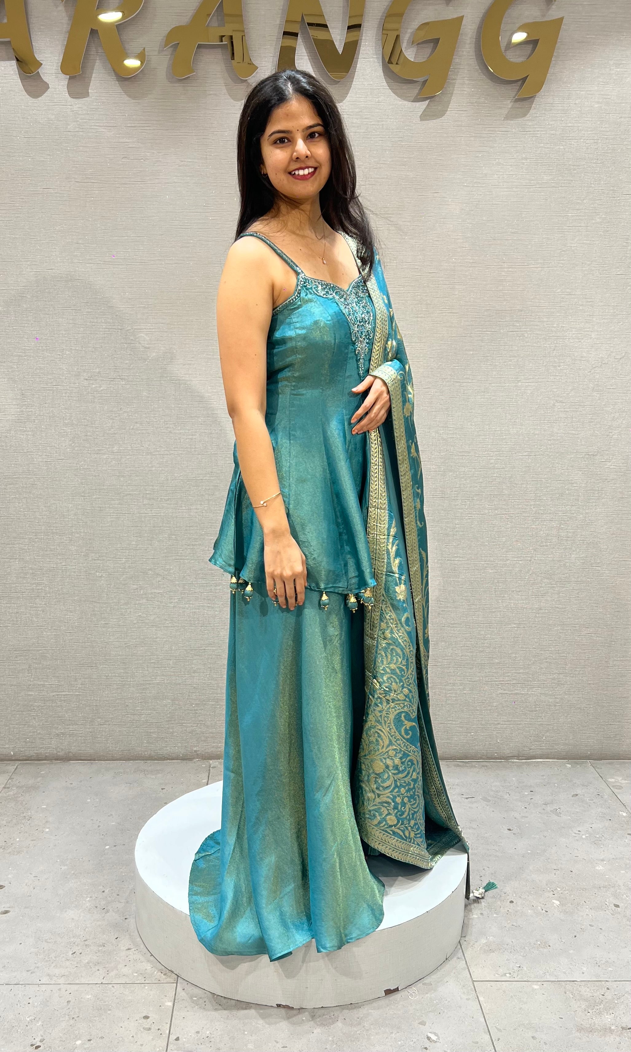 Blue ethnic Silk Blend Shimmer Peplum Palazzo set