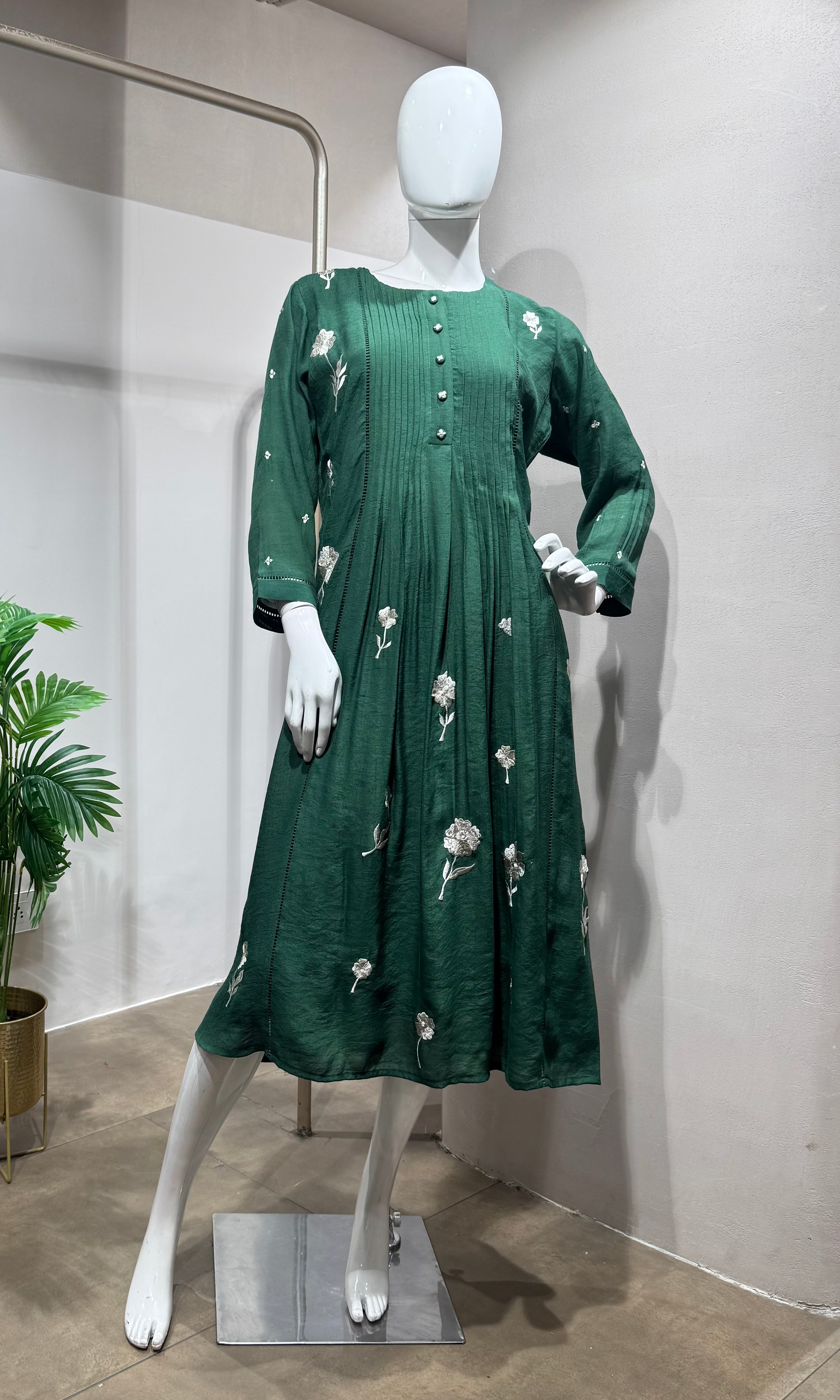 Green Linen Georgette Frock Style Kurti