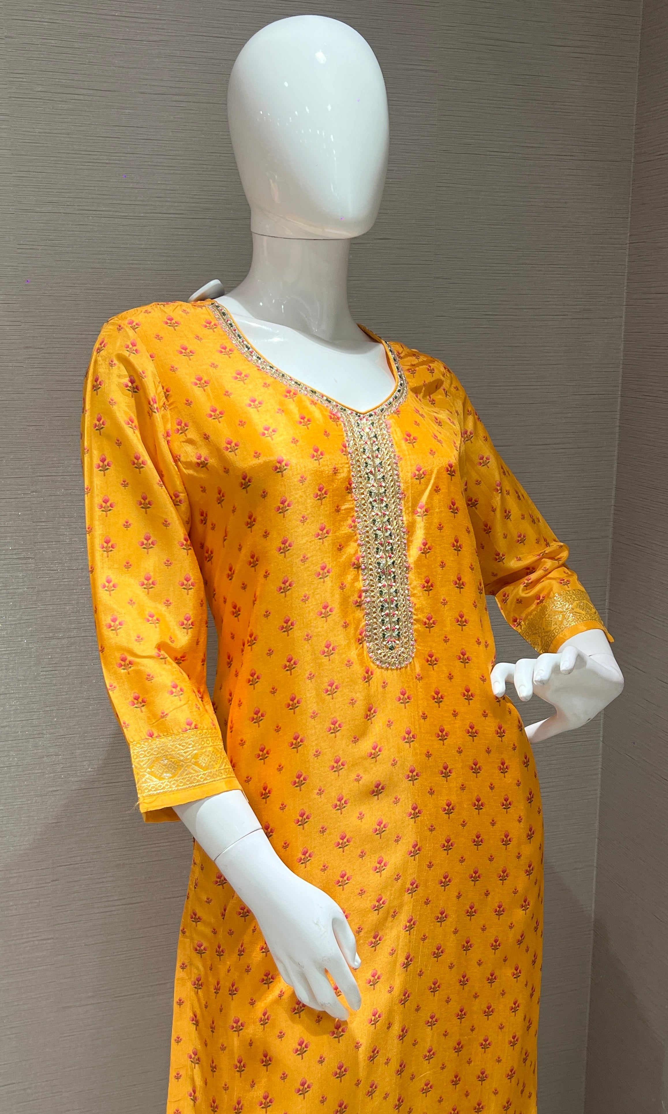 yellow embroidered printed kurta set
