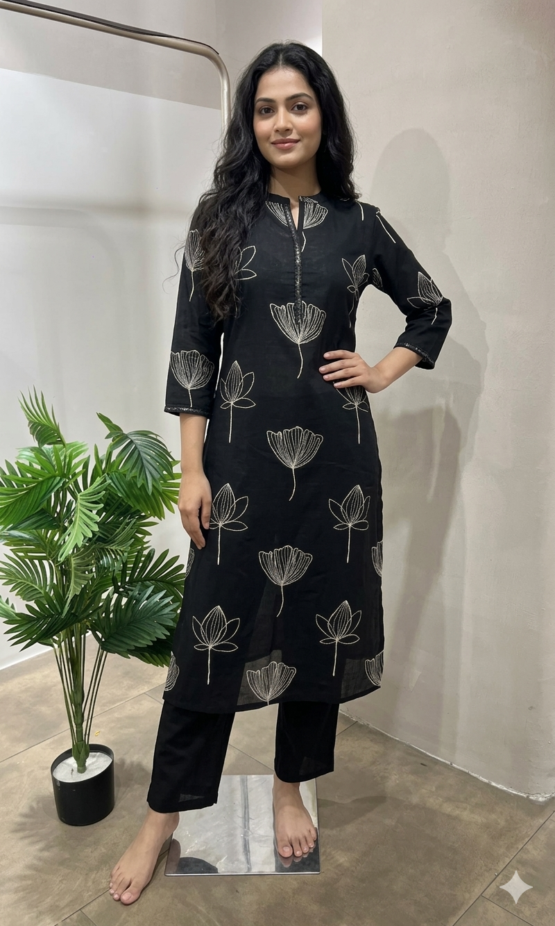 Black FLORAL EMBROIDERY KURTI WITH BOTTOM