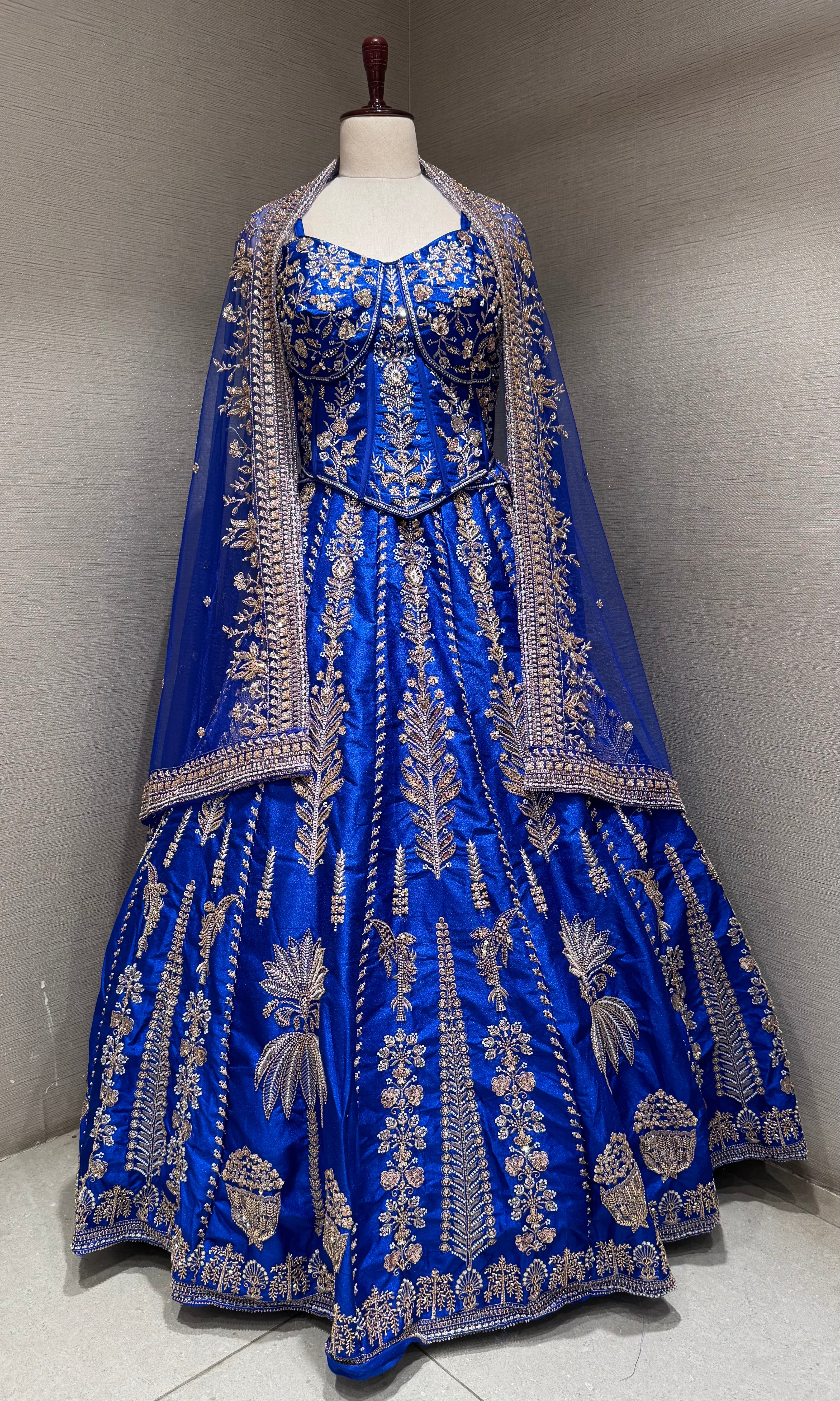 Royal blue embroidered peplum crop top lehenga
