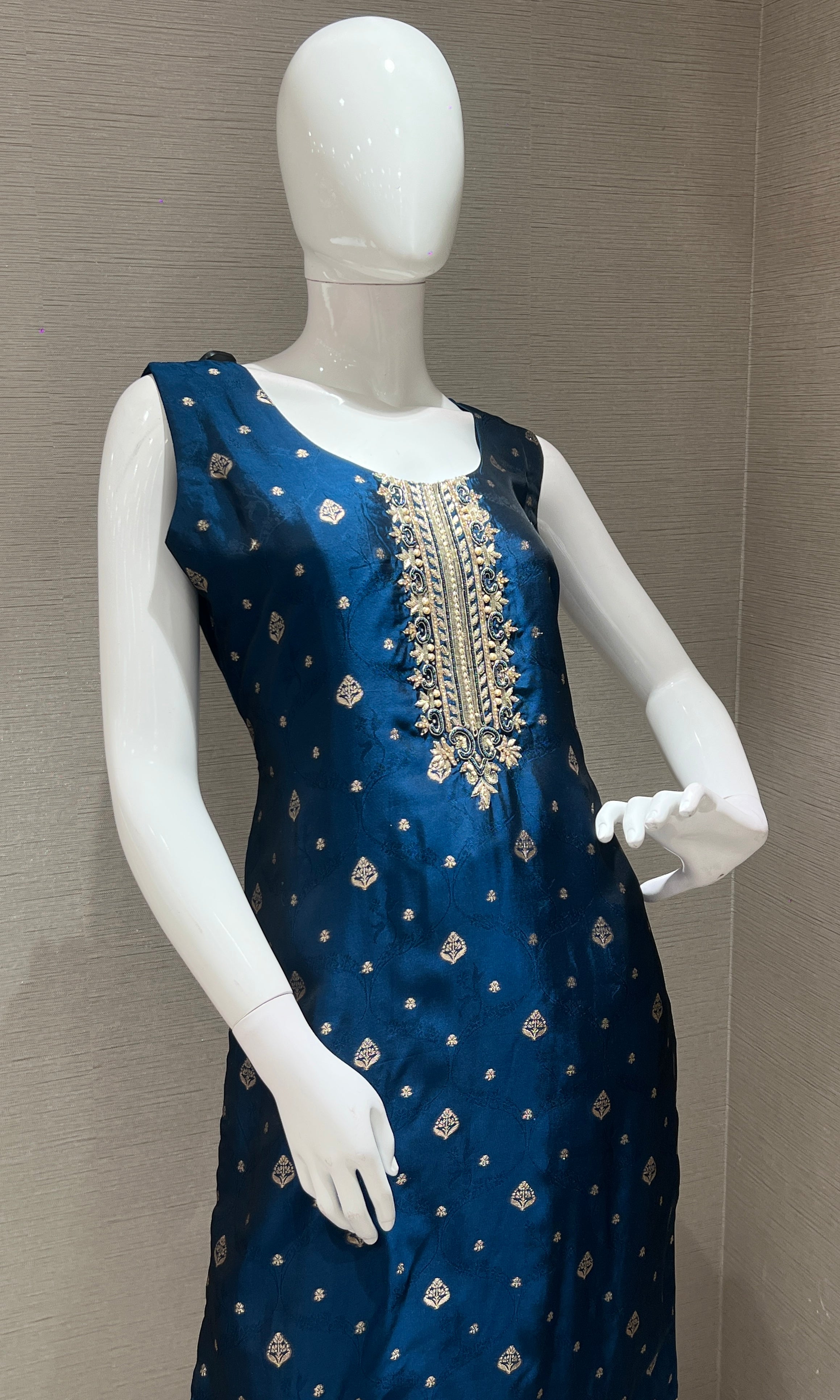 navy blue gold print embroidery kurta set