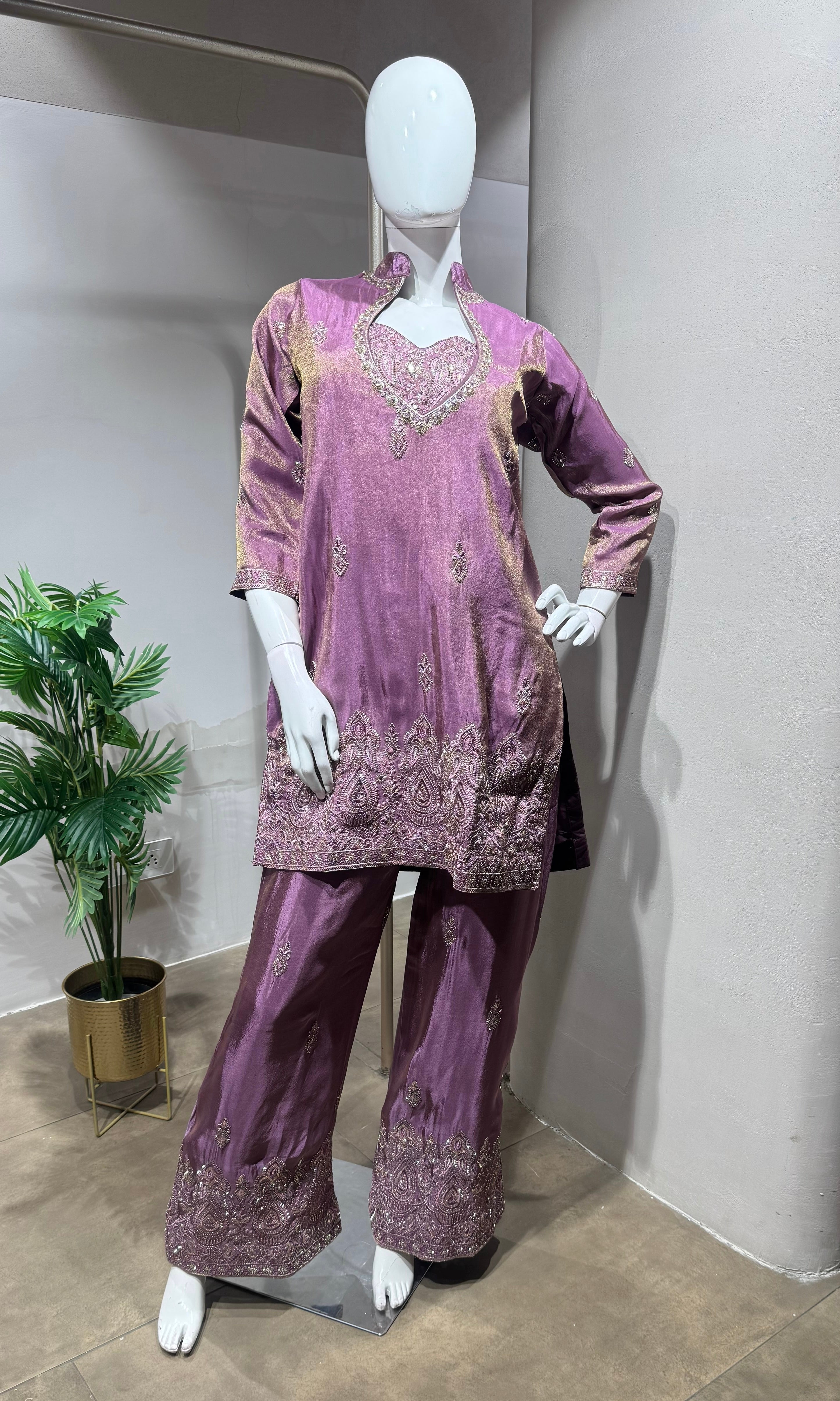 Purple shimmer tissue salwar with farsi pants
