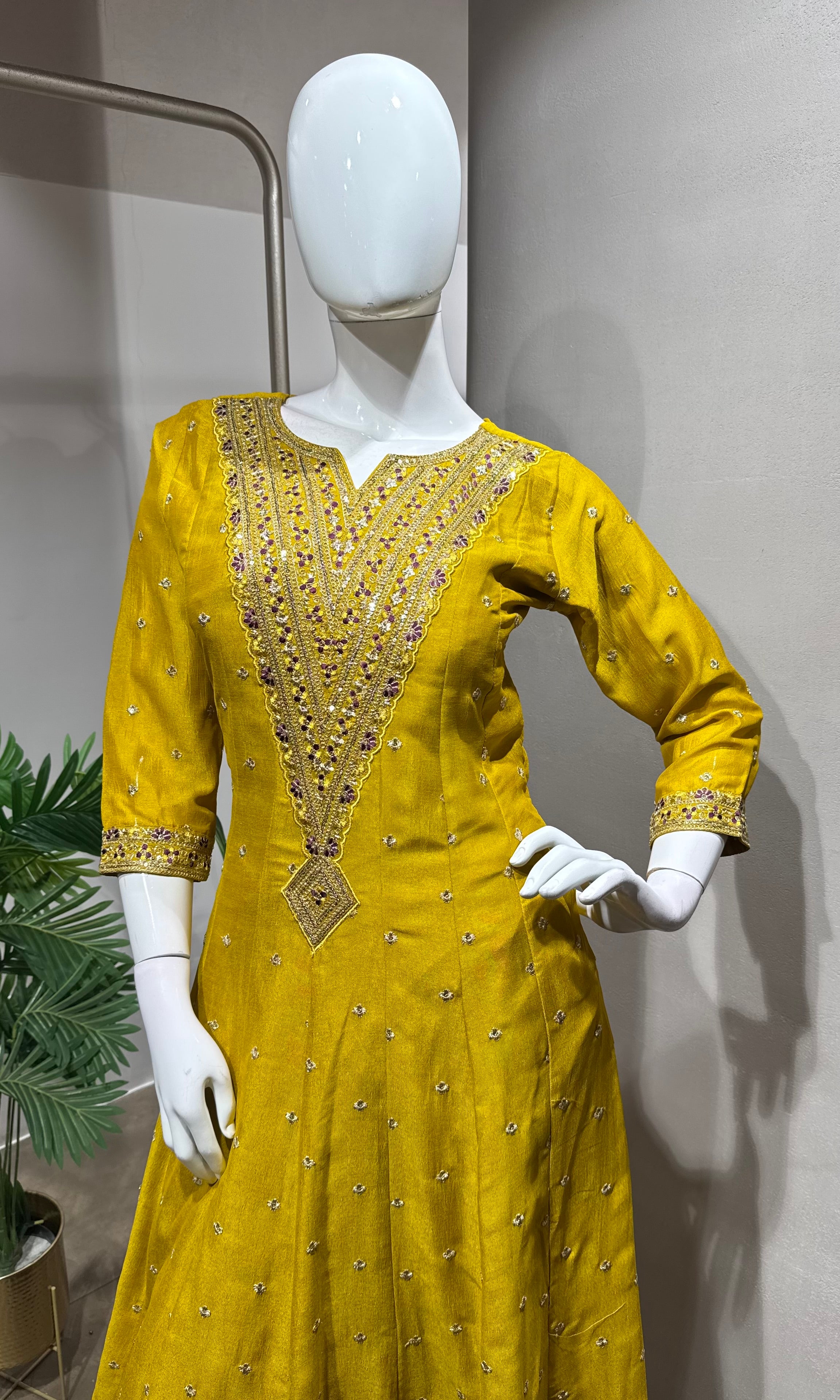 Mustard embroidered Anarkali with Dupatta