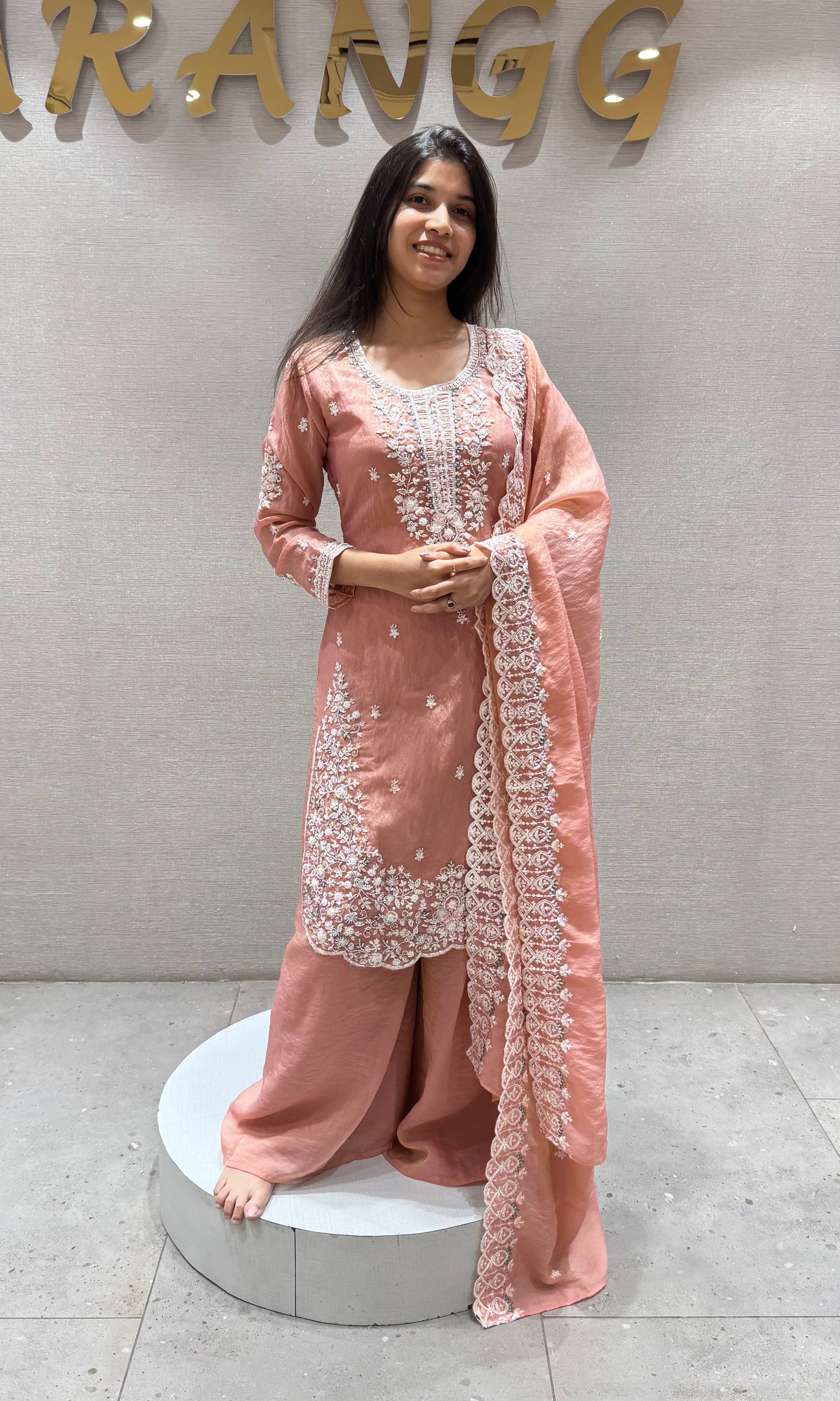 Peach Embroidered Organza SHARARA SUIT