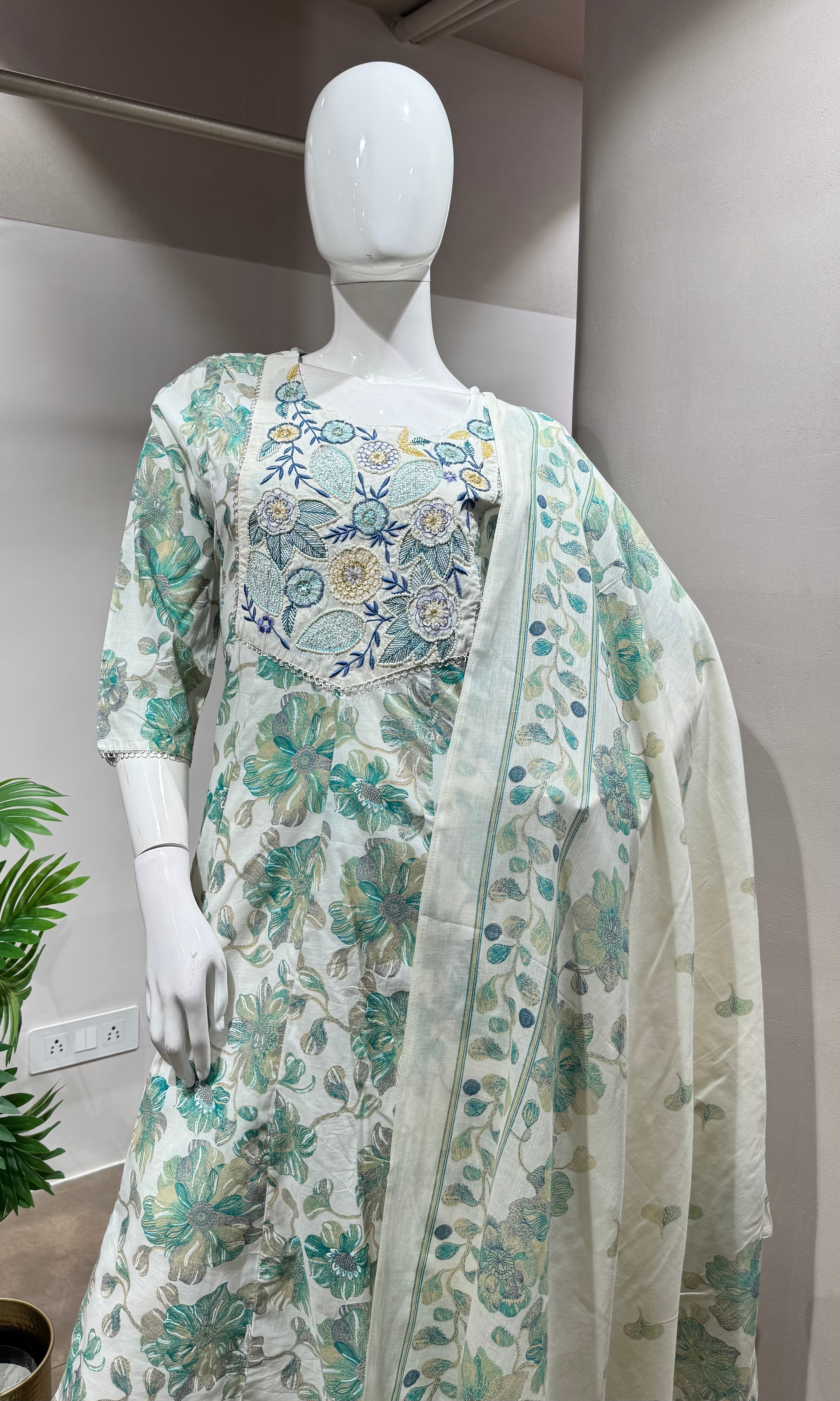 SEA BLUE FLORAL PRINTED EMBROIDERED KURTA SET