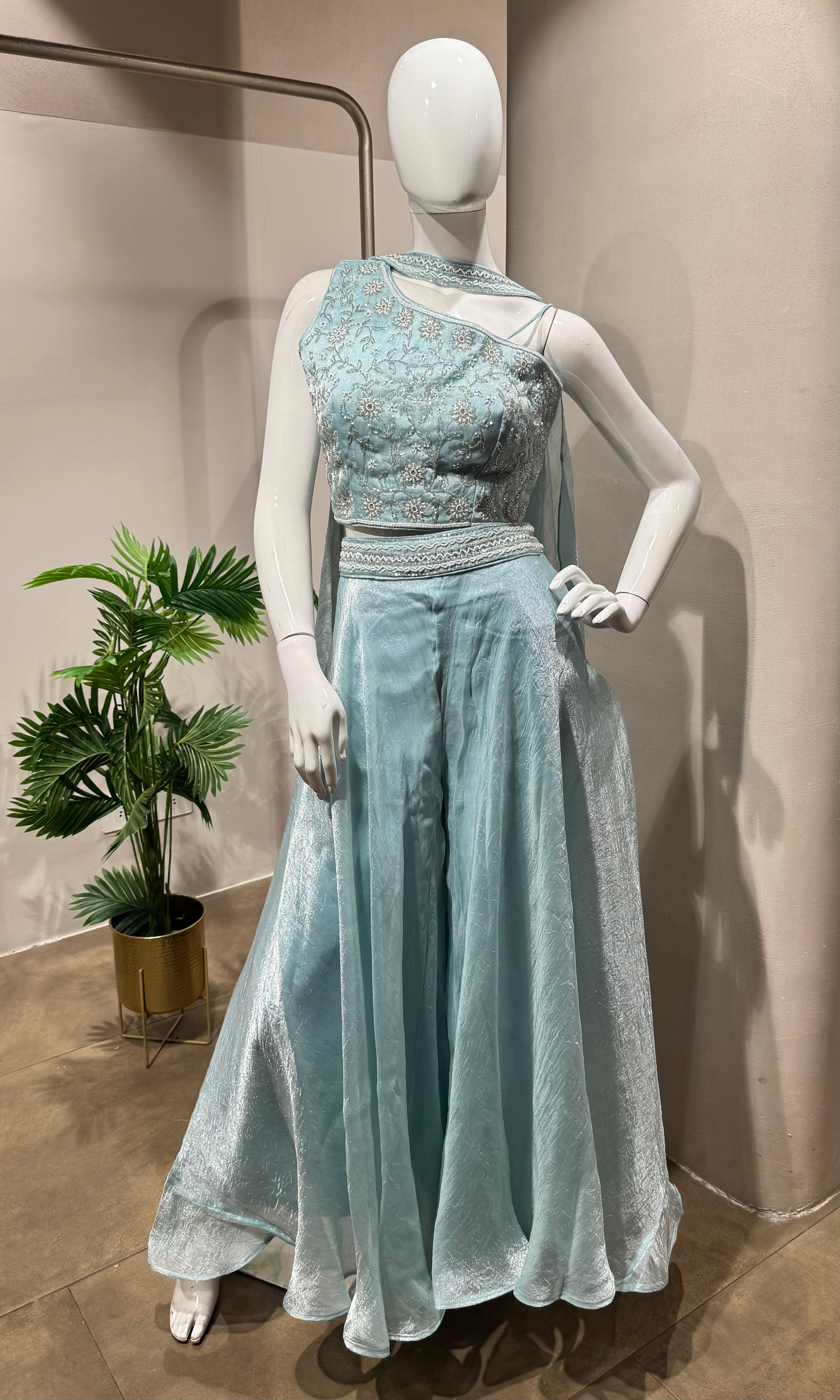 Blue palazo set with embroidered crop top