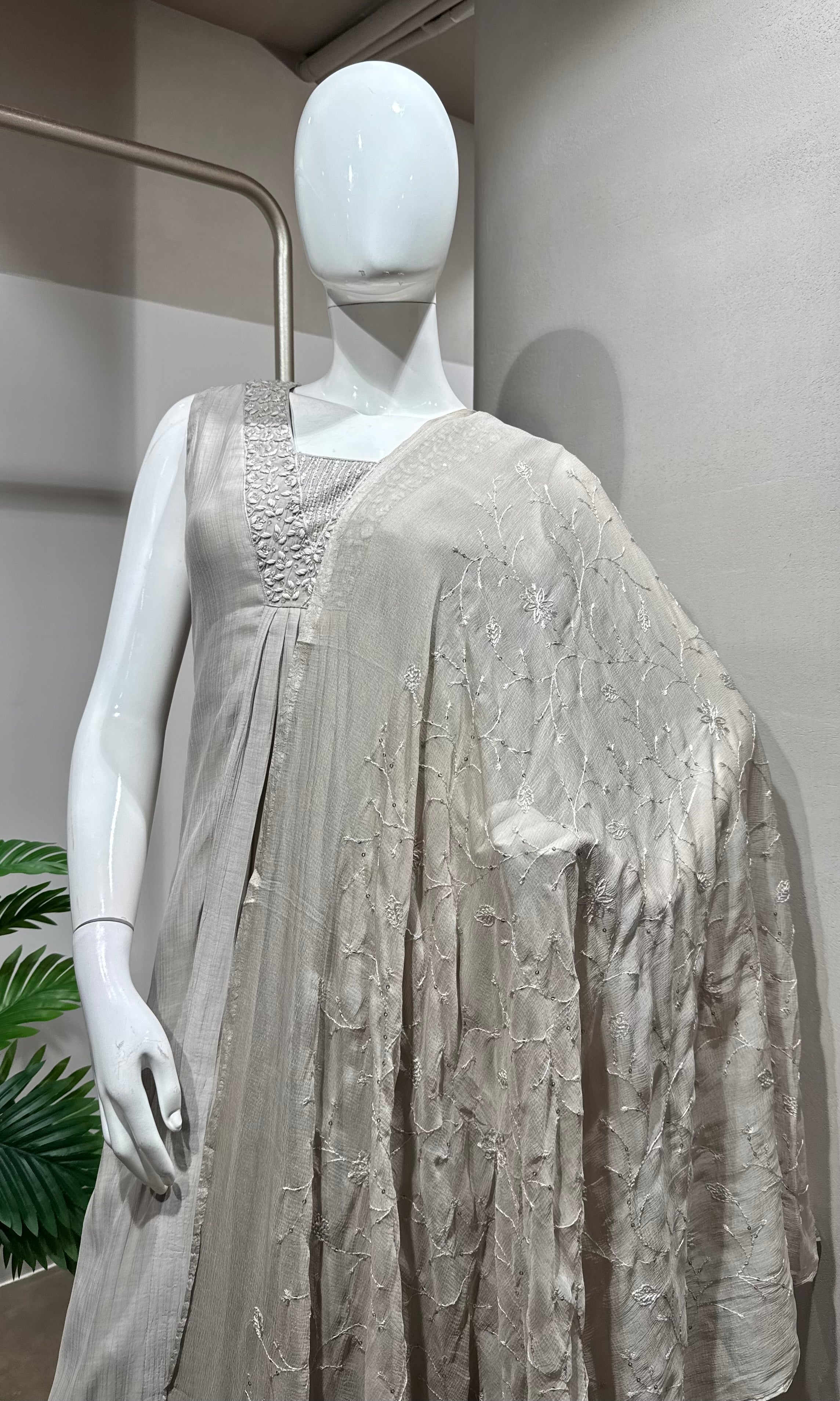 grey embroidered a line kurta set