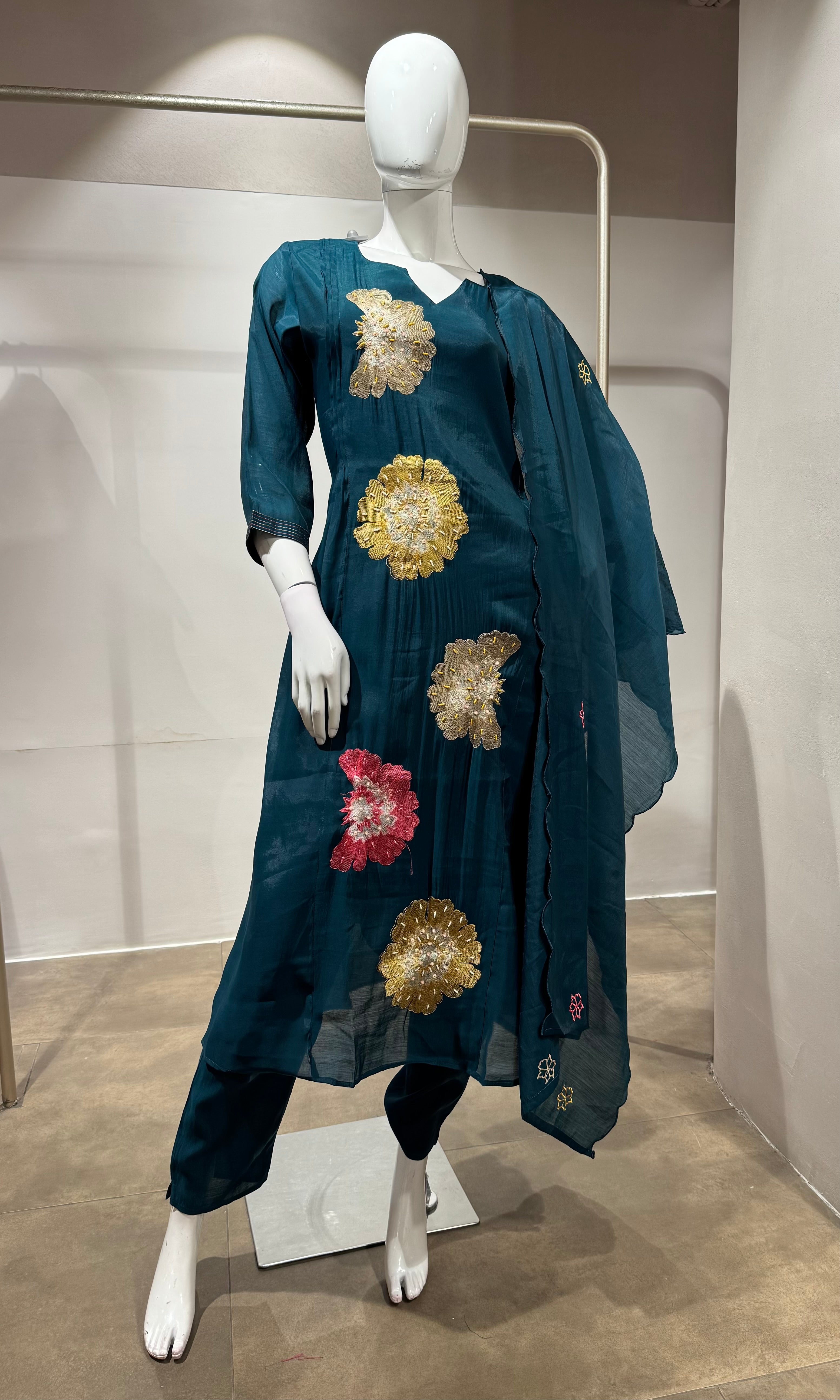 Teal Blue floral printed kurta set