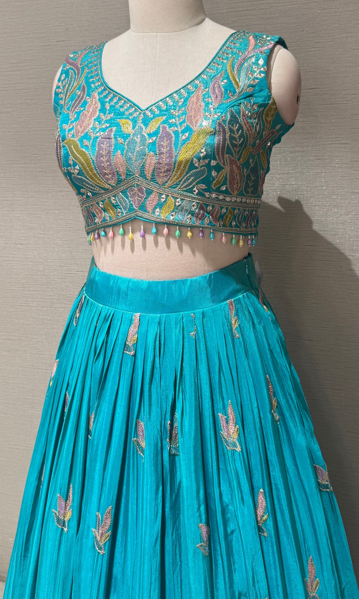 Sea Blue Tissue silk Floral Print Lehenga Set