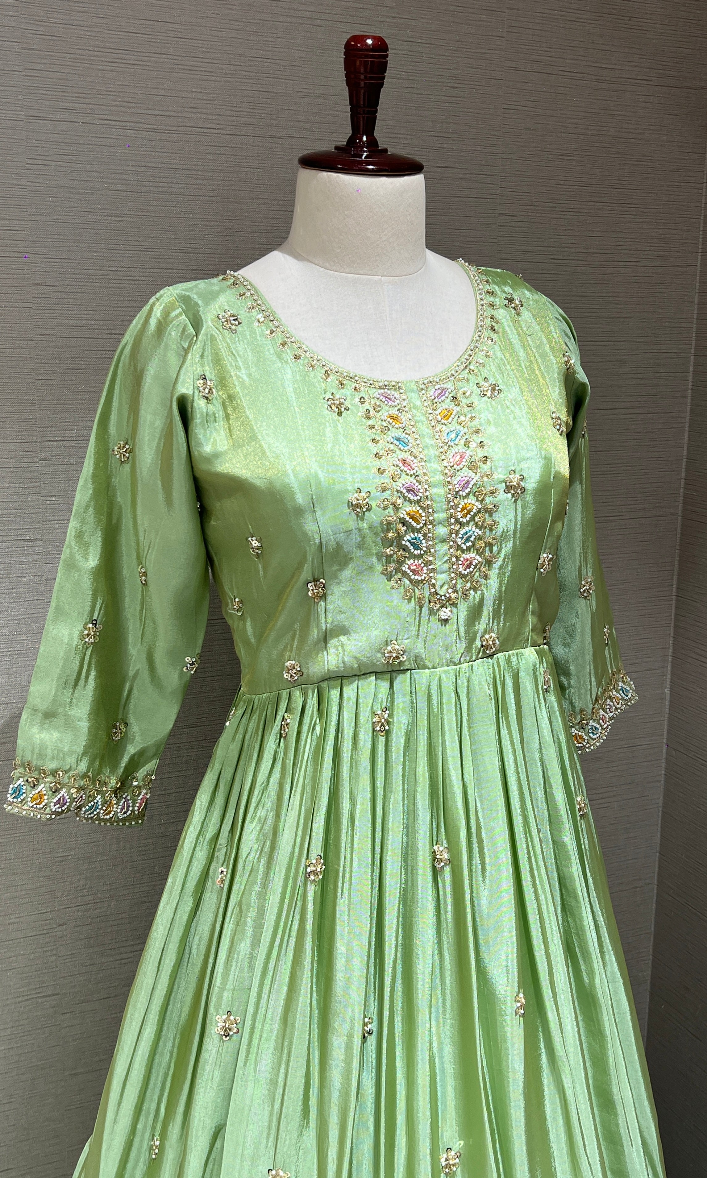 Light Green Embroidered Anarkali Long Gown with Dupatta