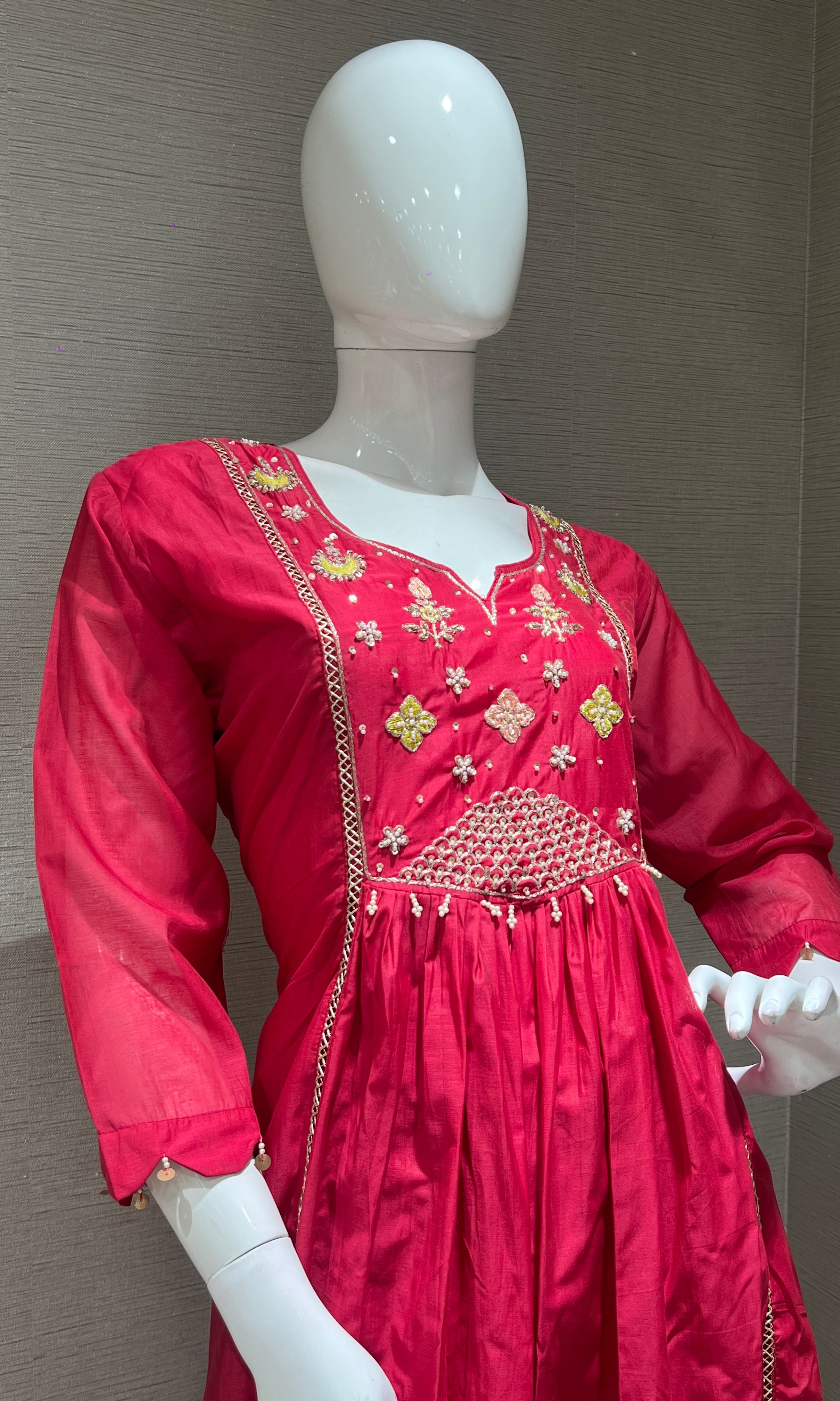 Pink MUL CHANDERI ANARKALI KURTA SET