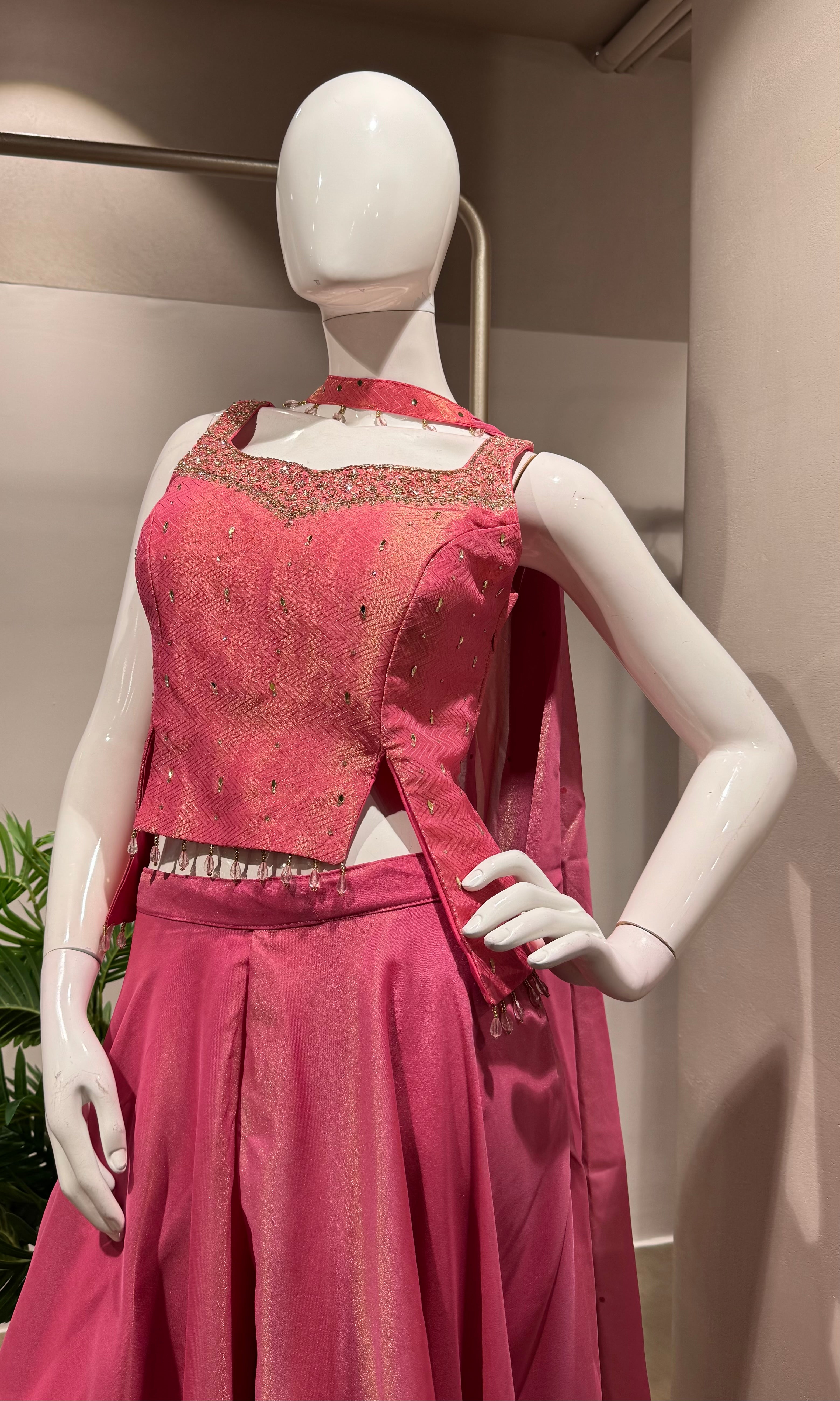 Pink Embellished Crop Top & Palazzo Set