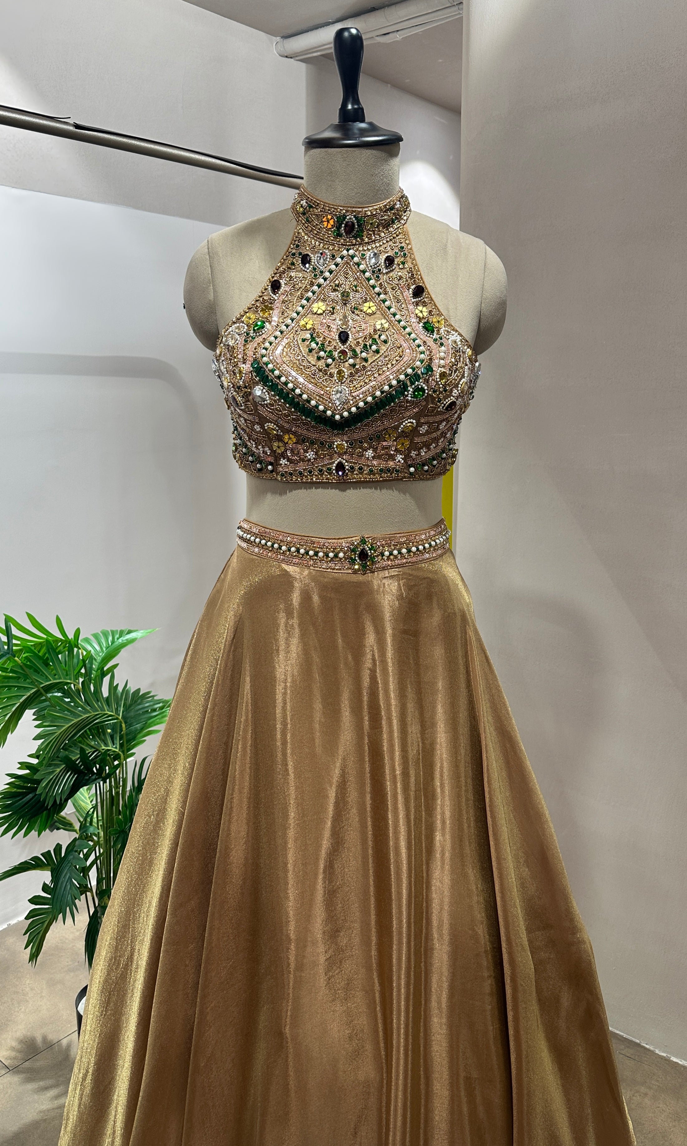 Golden lehenga with embellished halter neck