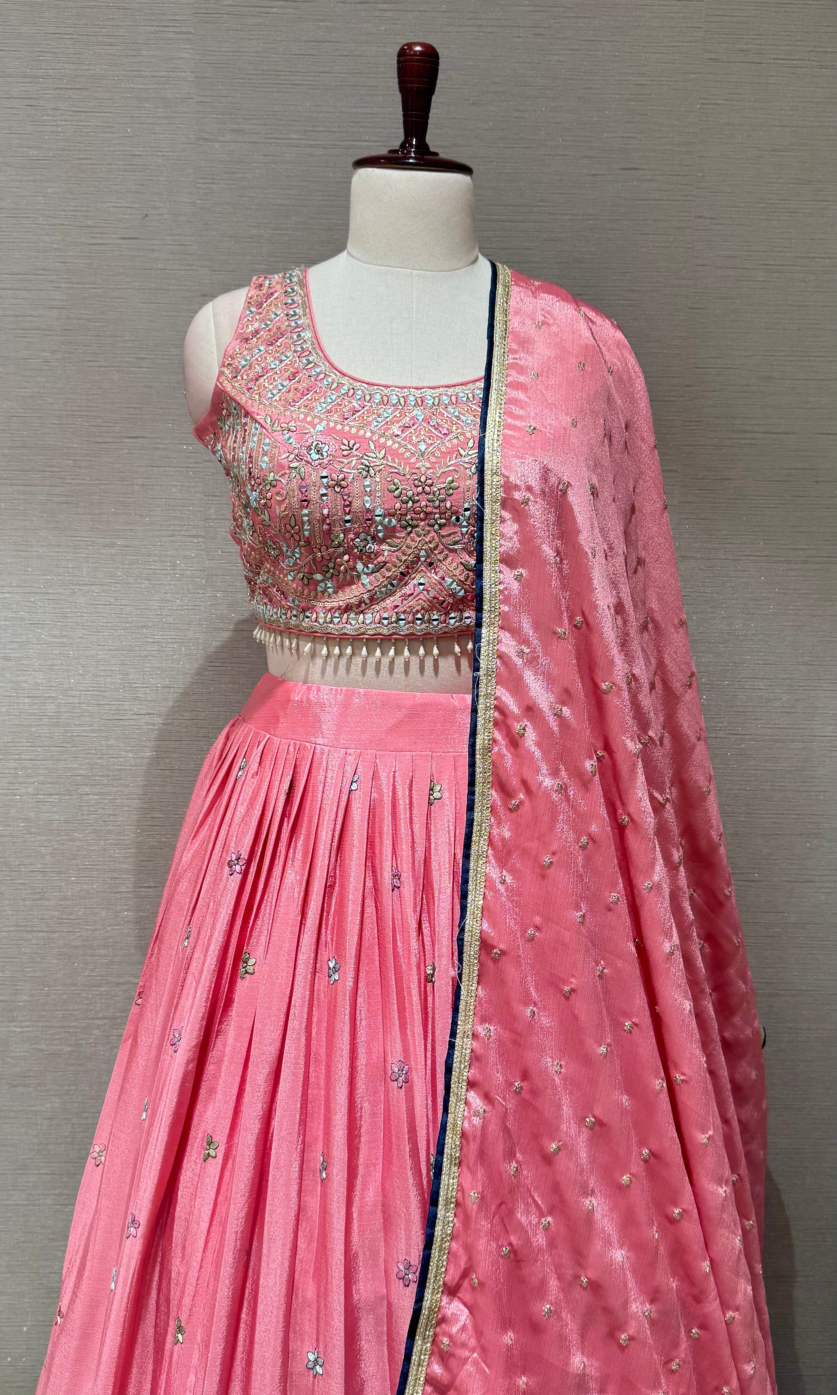 Rose Pink tissue silk Embroidered Lehenga set