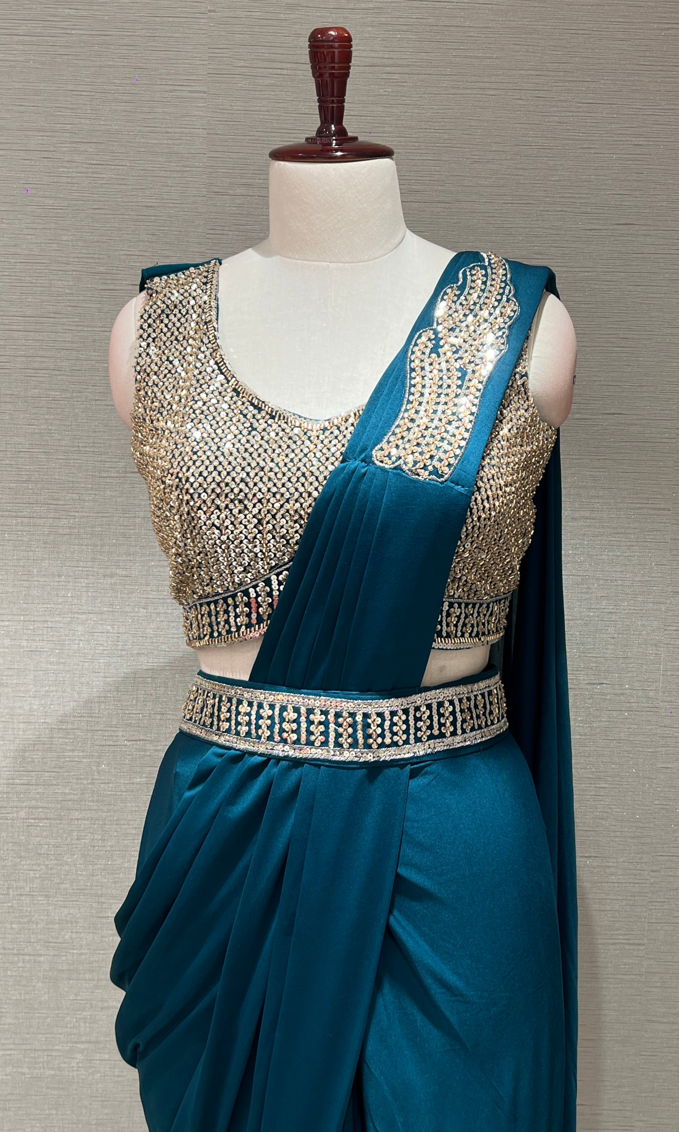 SEA GREEN DRAPE SAREE WITH FLORAL BLOUSE