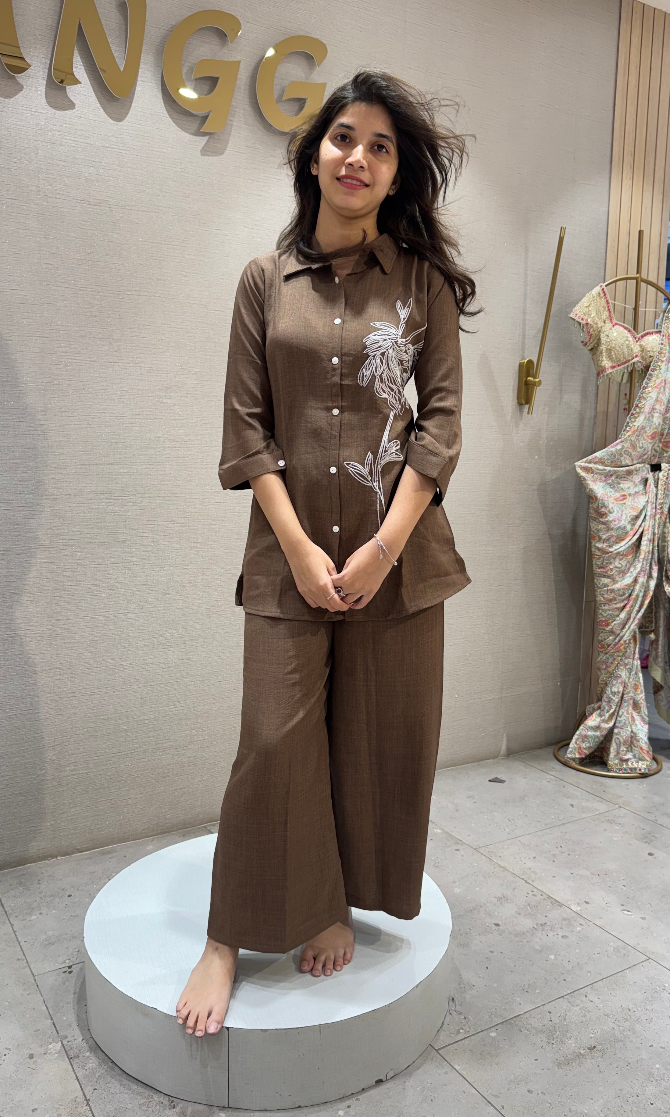 Brown Floral Embroidered Cord Set