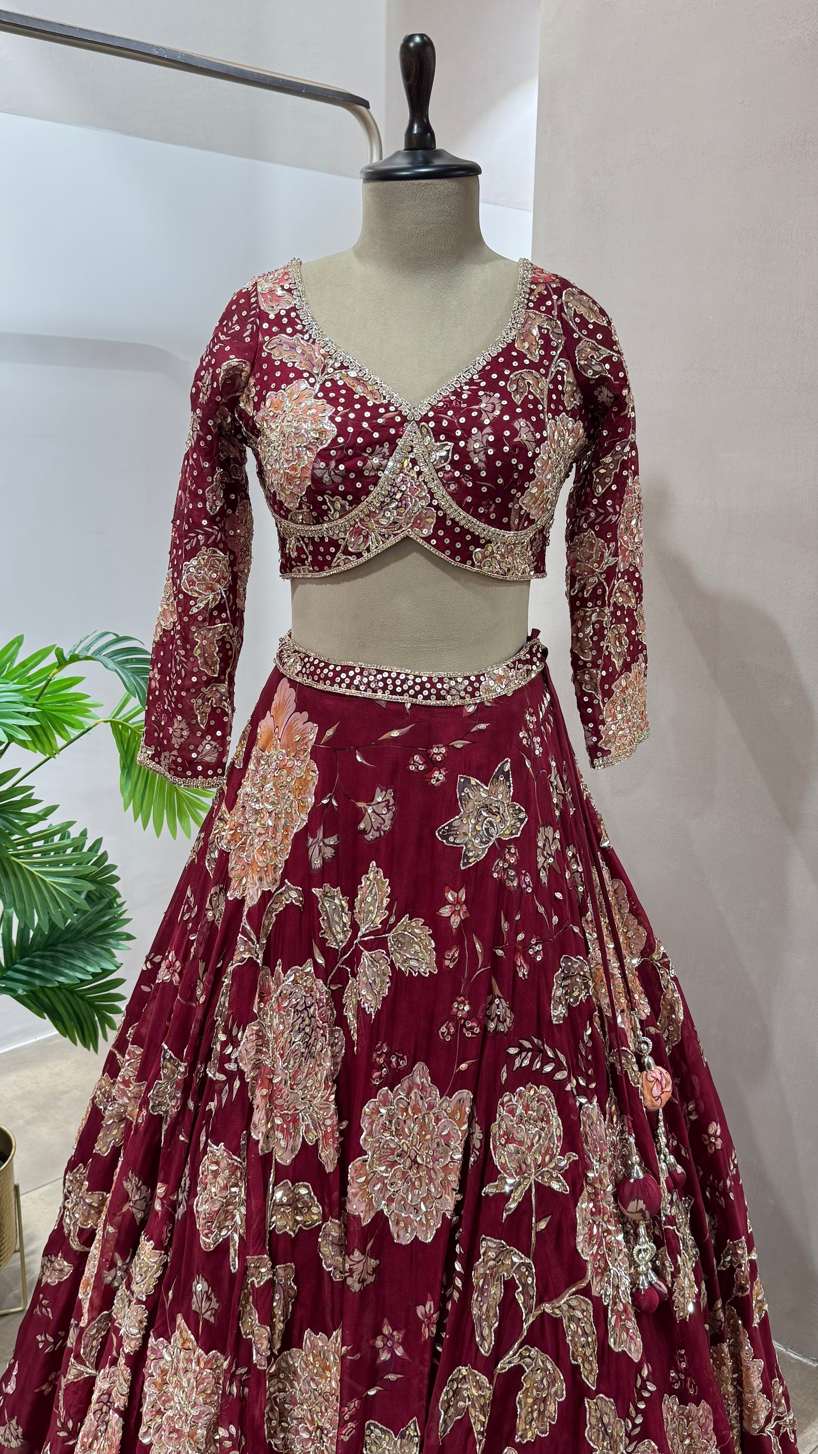 Maroon FLORAL EMBELLISHED lehenga