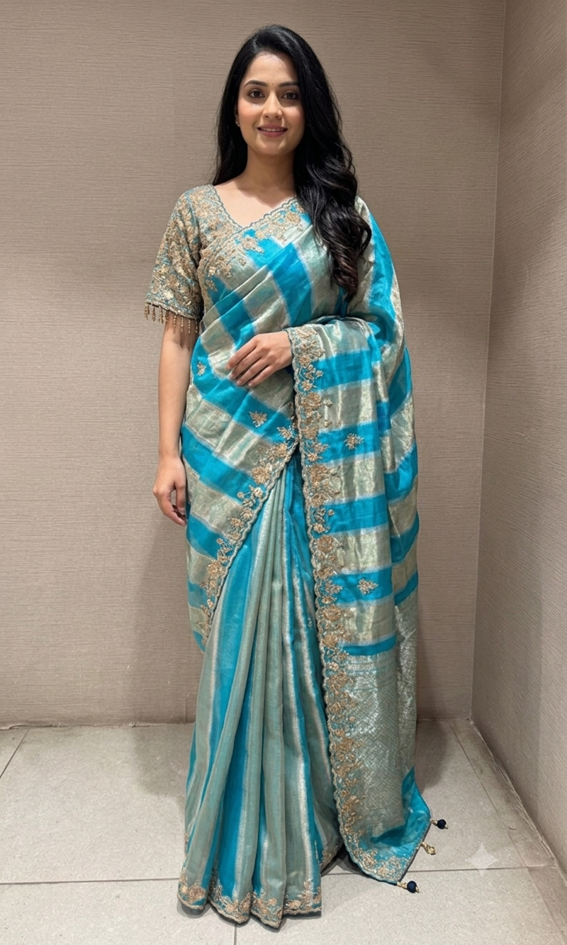 Blue Leheriya saree with embroidered blouse