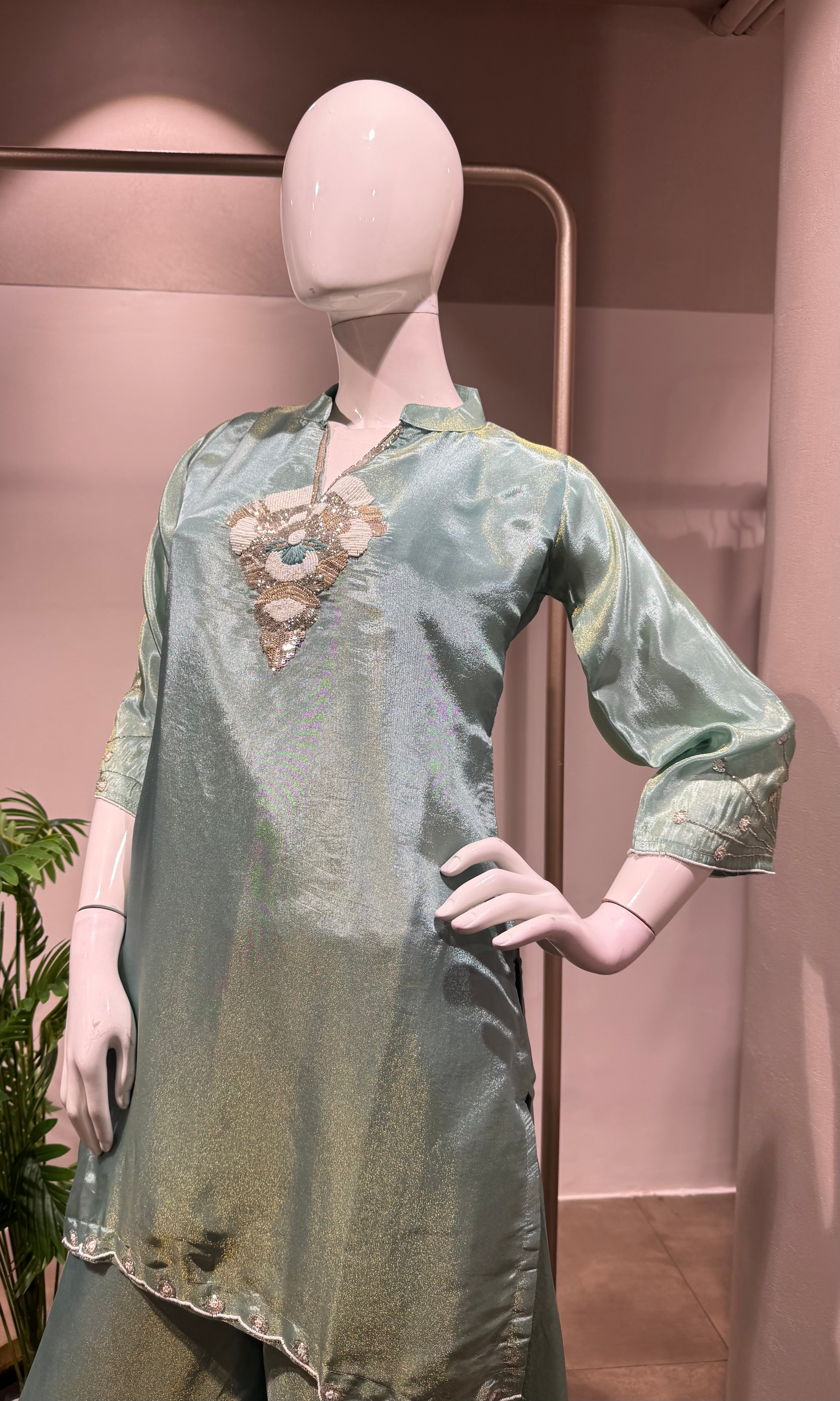 GREEN Shimmer embroidered sharara set