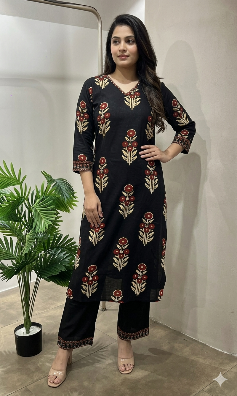 Black FLORAL KURTI WITH BOTTOM