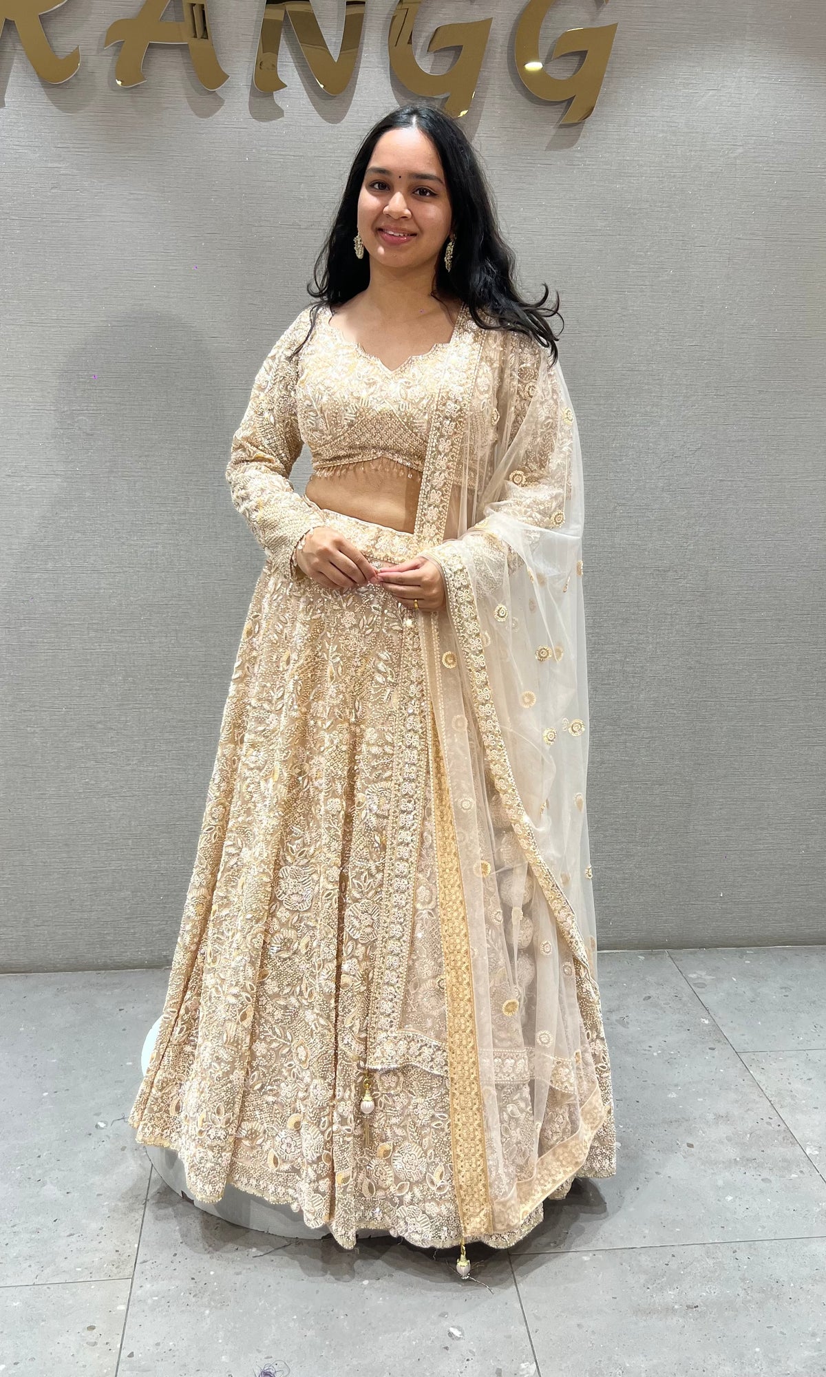Champagne Cream Embellished Lehenga set with Sheer Dupatta