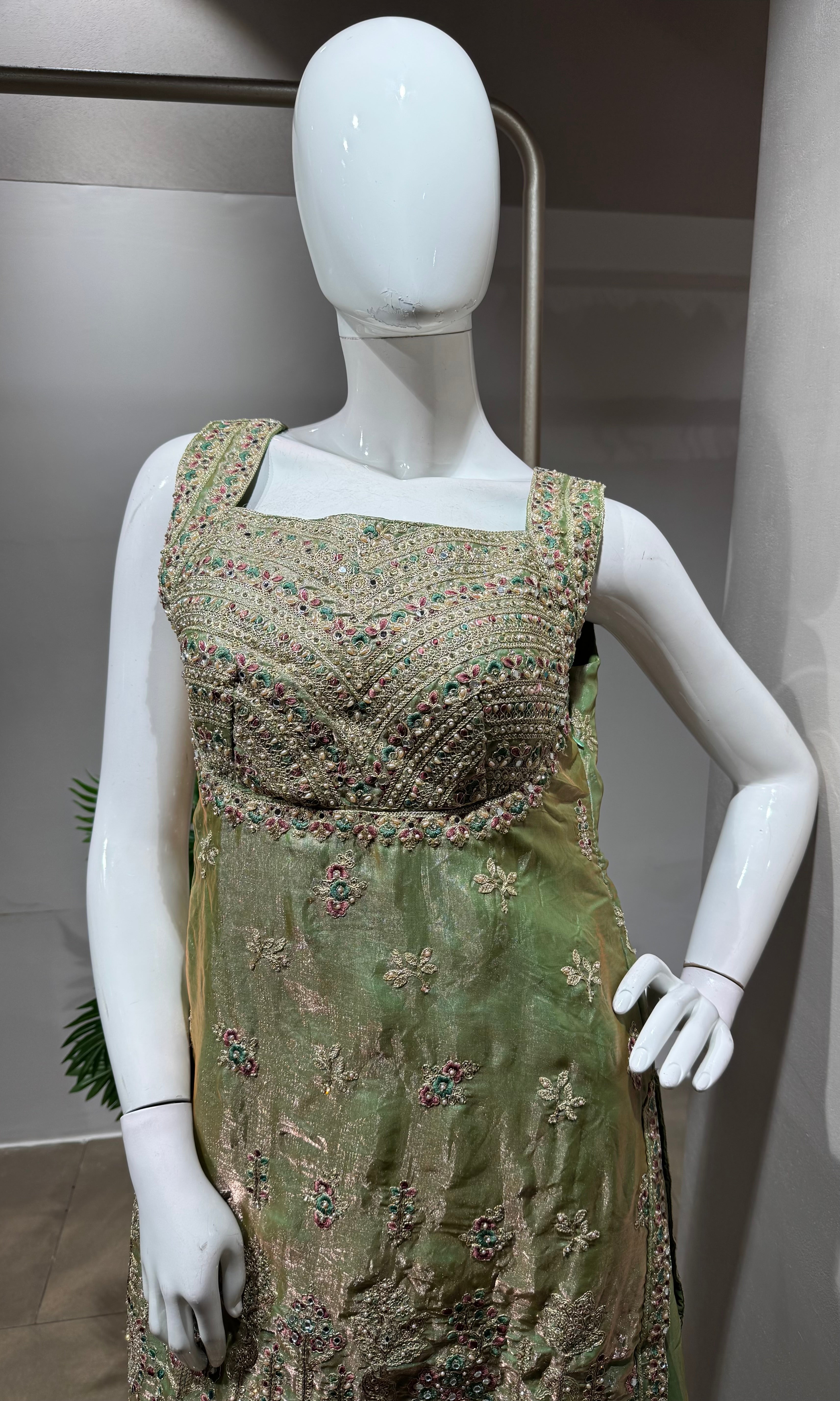 GREEN golden embroidered silk sharara set
