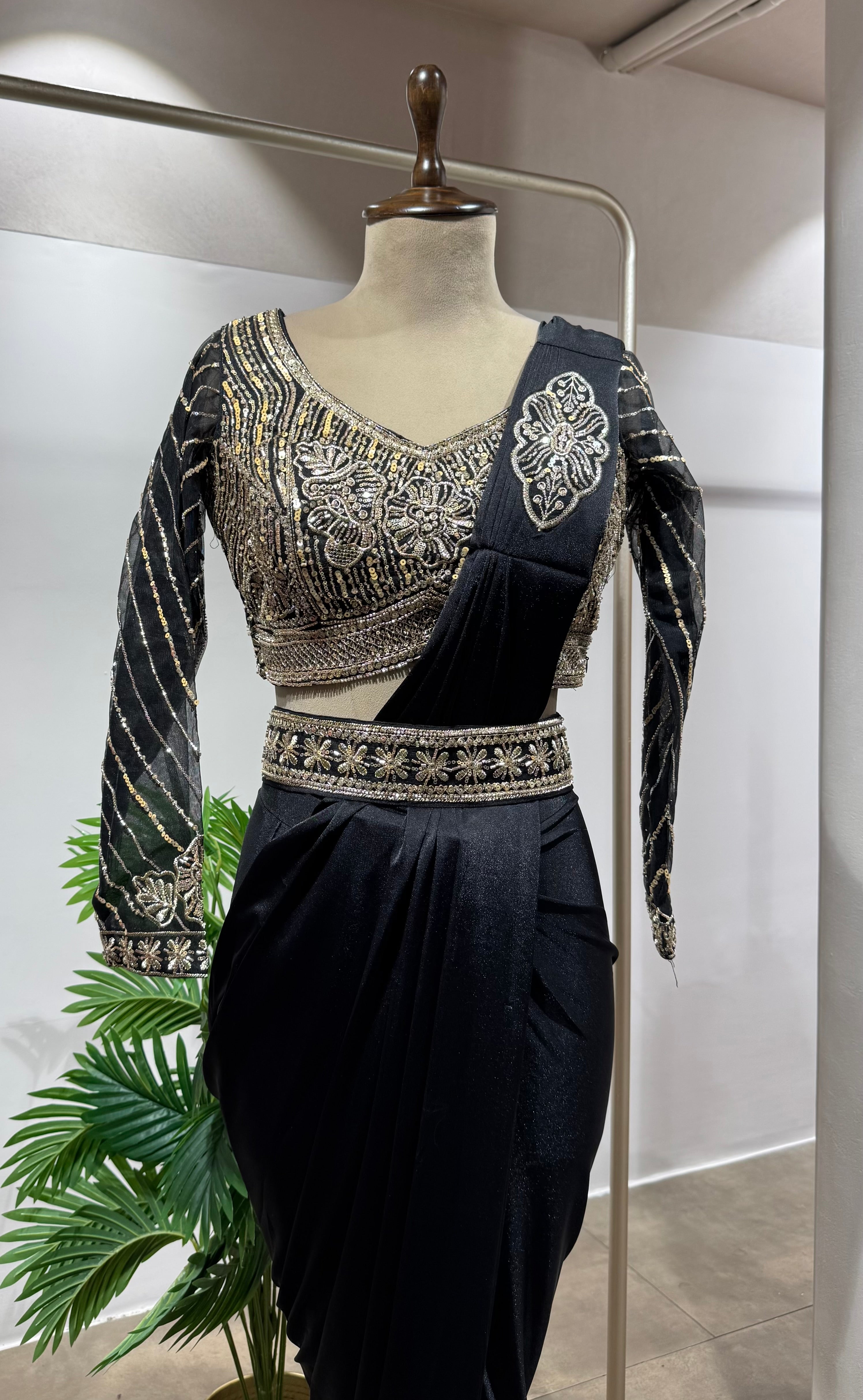 BLACK DRAPE SAREE WITH BLOUSE & BELT