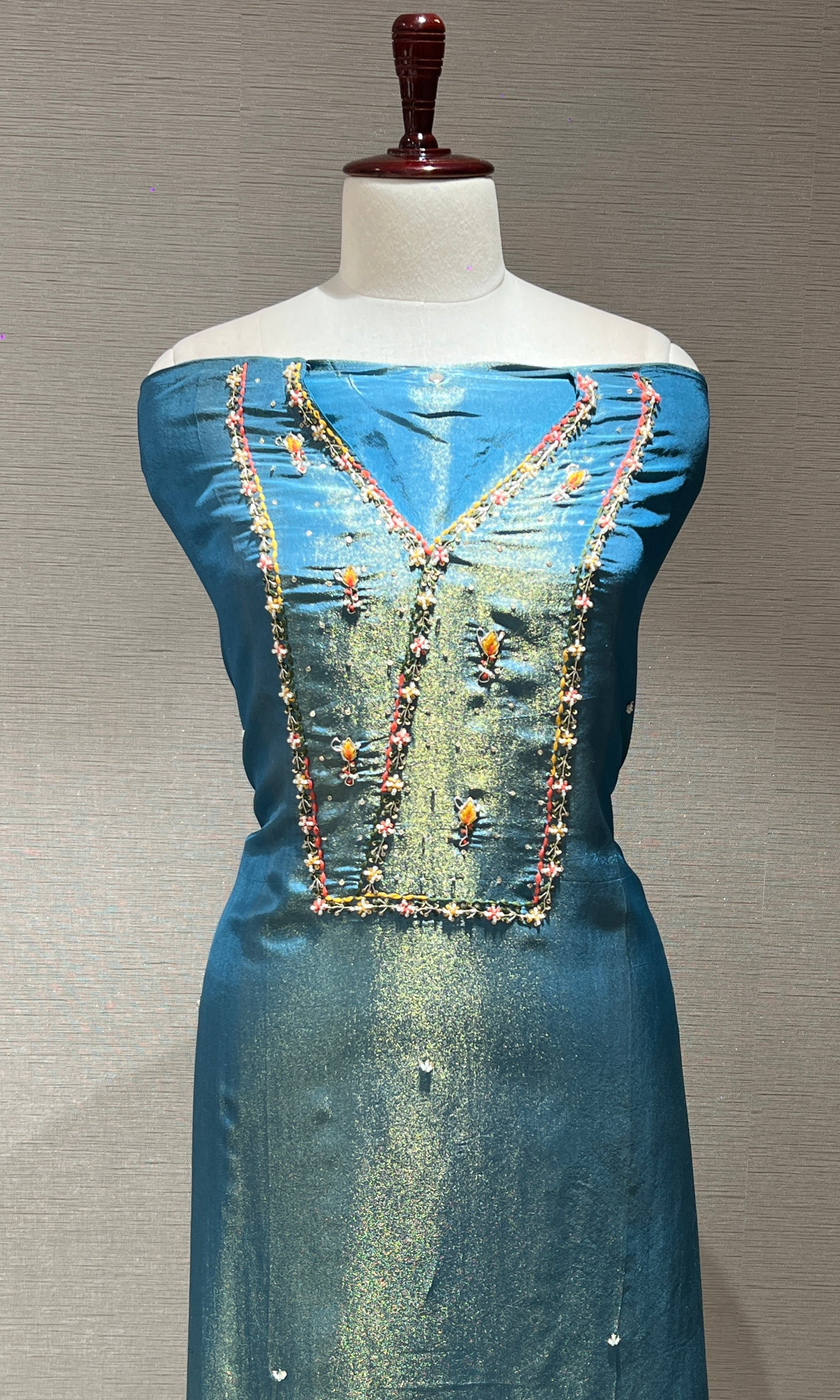 Teal Blossom Embroidered Dress Material