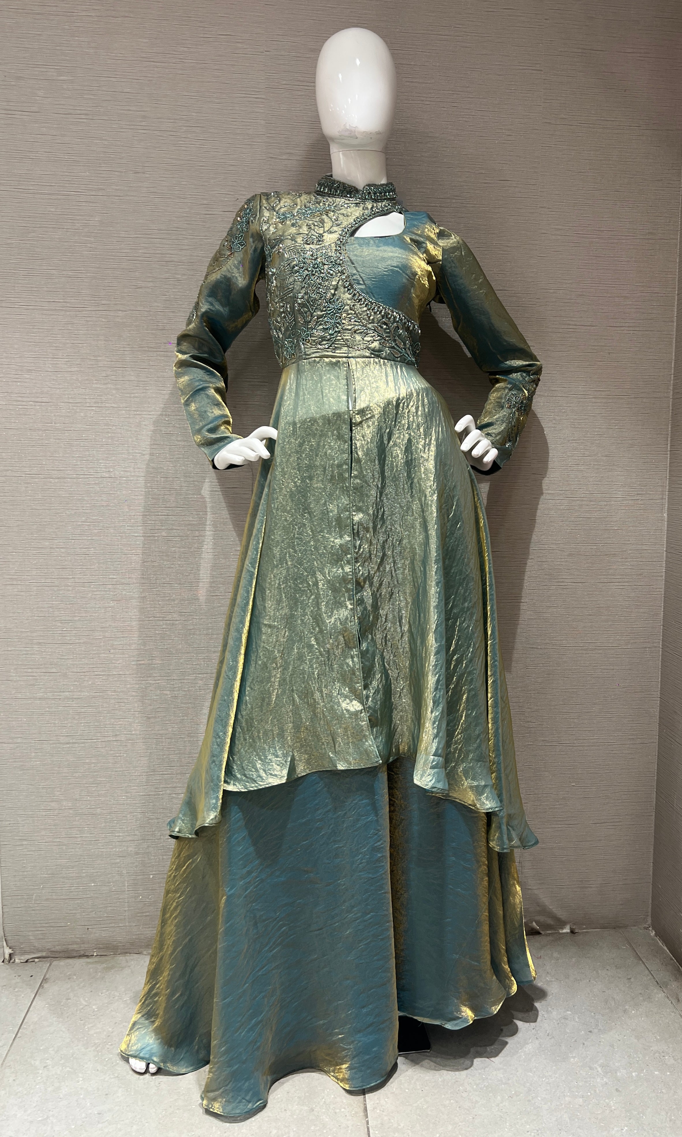 Metallic Blue with Gold Embroidered Anarkali palazzo set