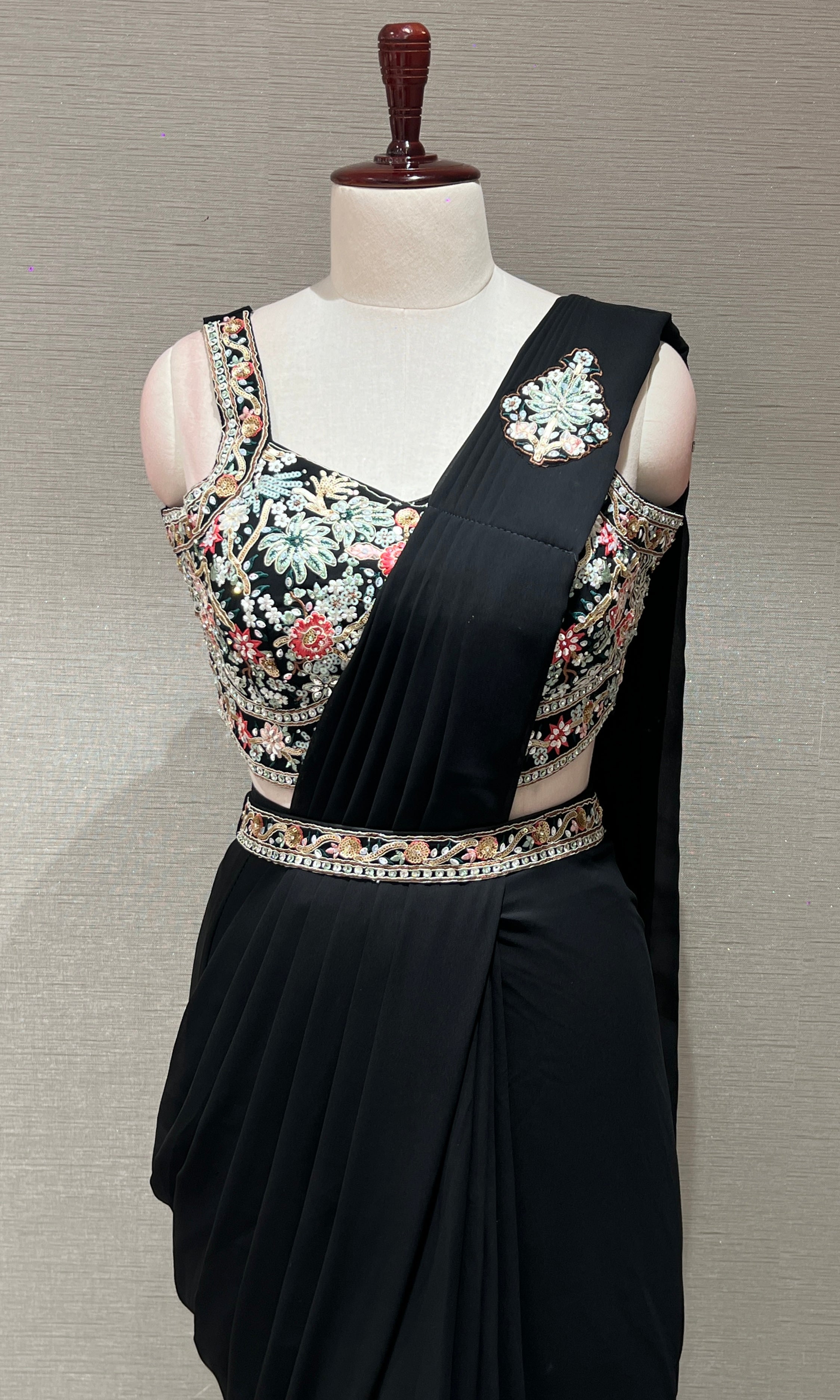 BLACK DRAPE SAREE WITH FLORAL BLOUSE