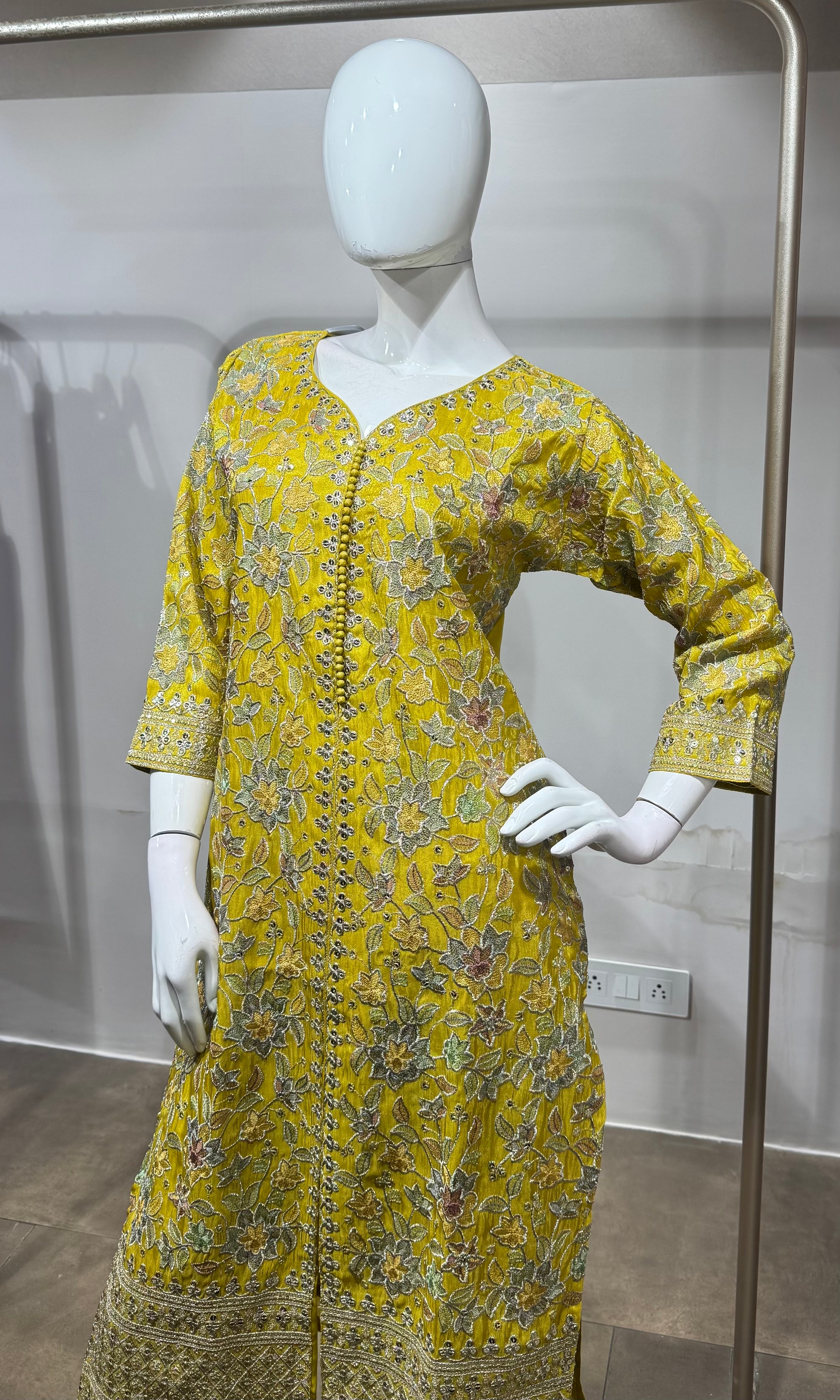 Yellow embroidered straight kurta set