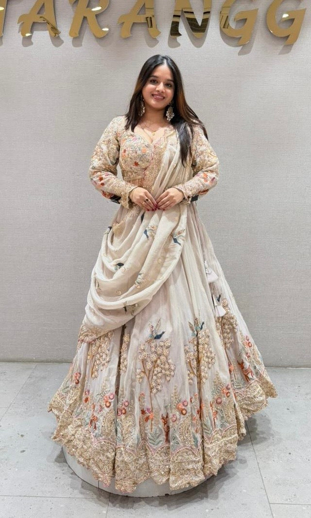 Cream Lehenga WITH MOTI WORK EMBROIDERED