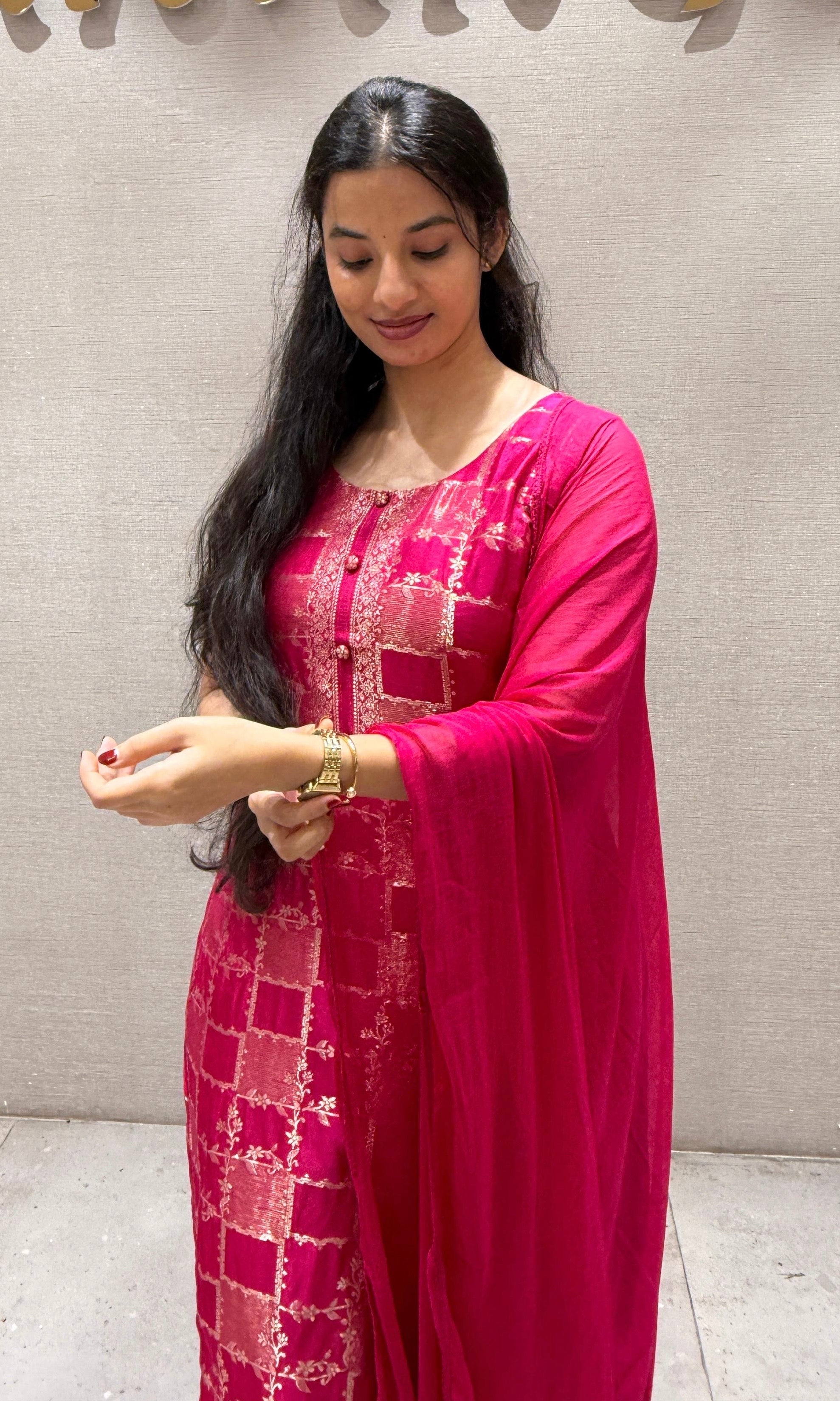 Rani Pink Silk Embroidered Zari Kurta Set