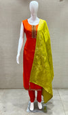 Orange kurta set with green Contrast dupatta