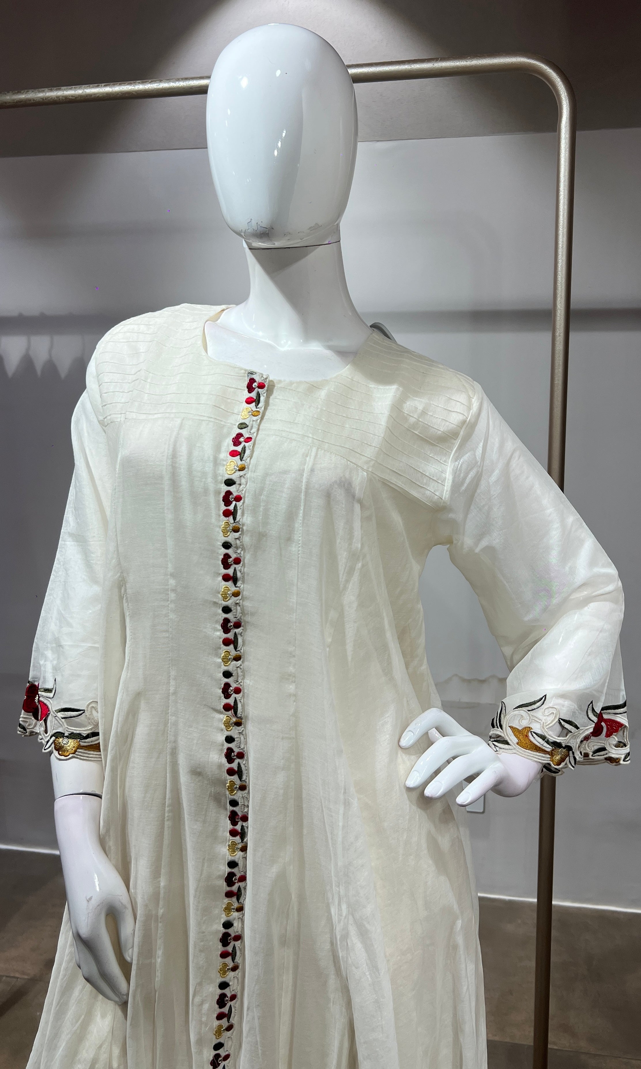 White Cotton Blend Flared Kurta set with Intricate Border