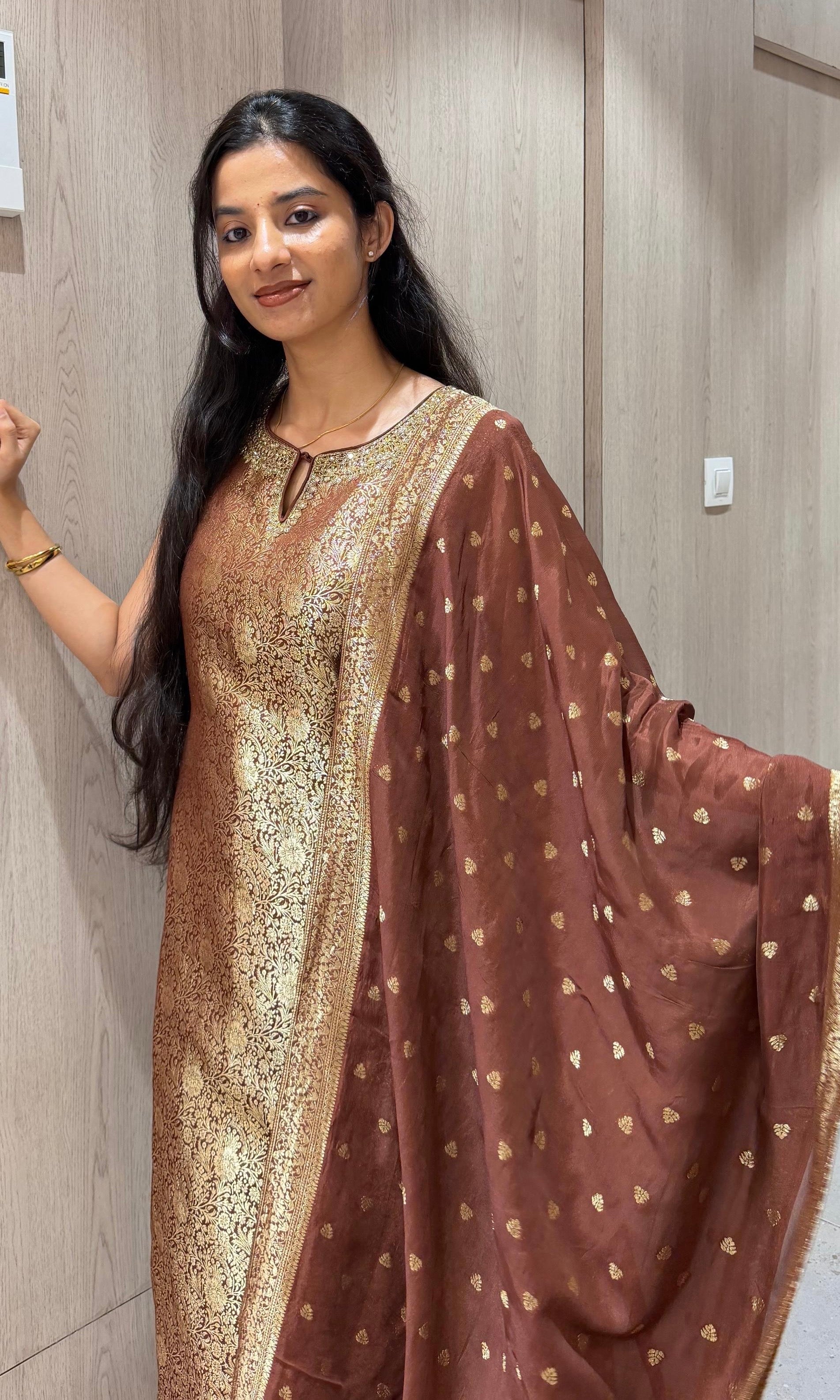 Brown Banarasi ethnic kurta set