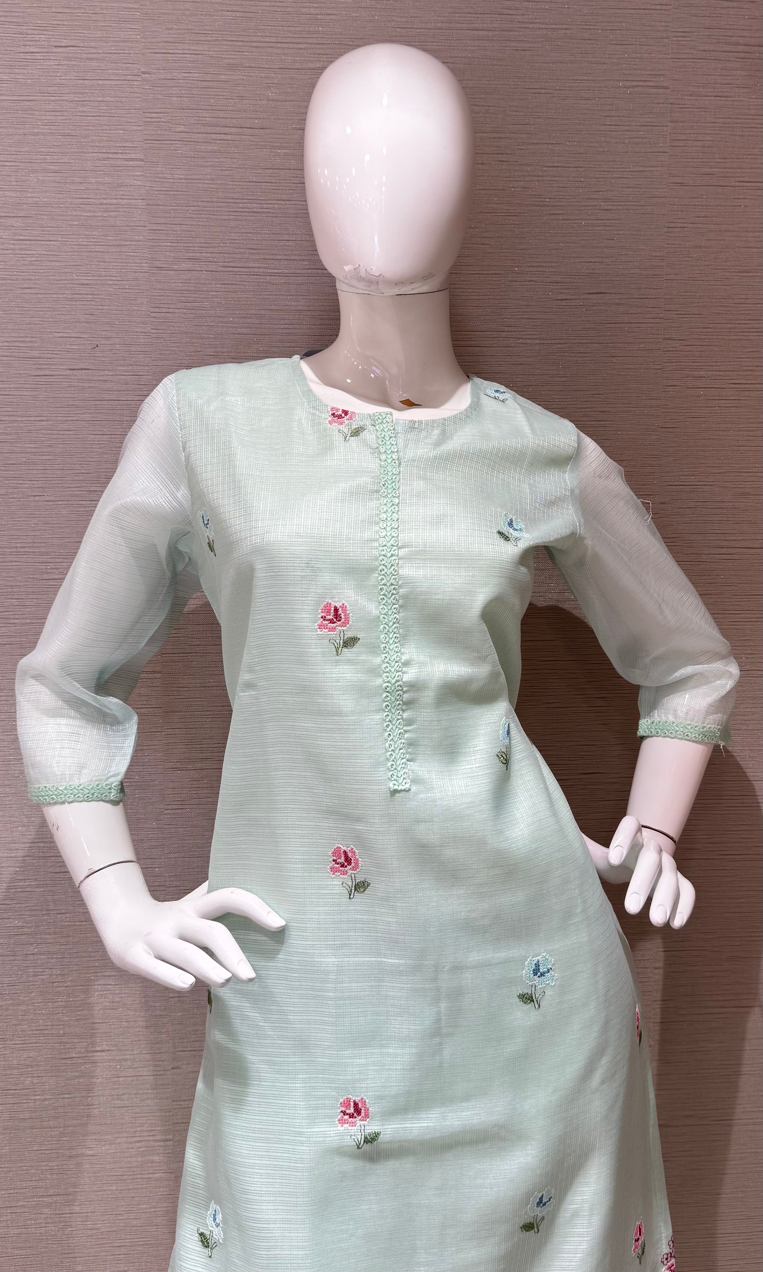 Mint Green Floral Kurta Set with Sheer Dupatta