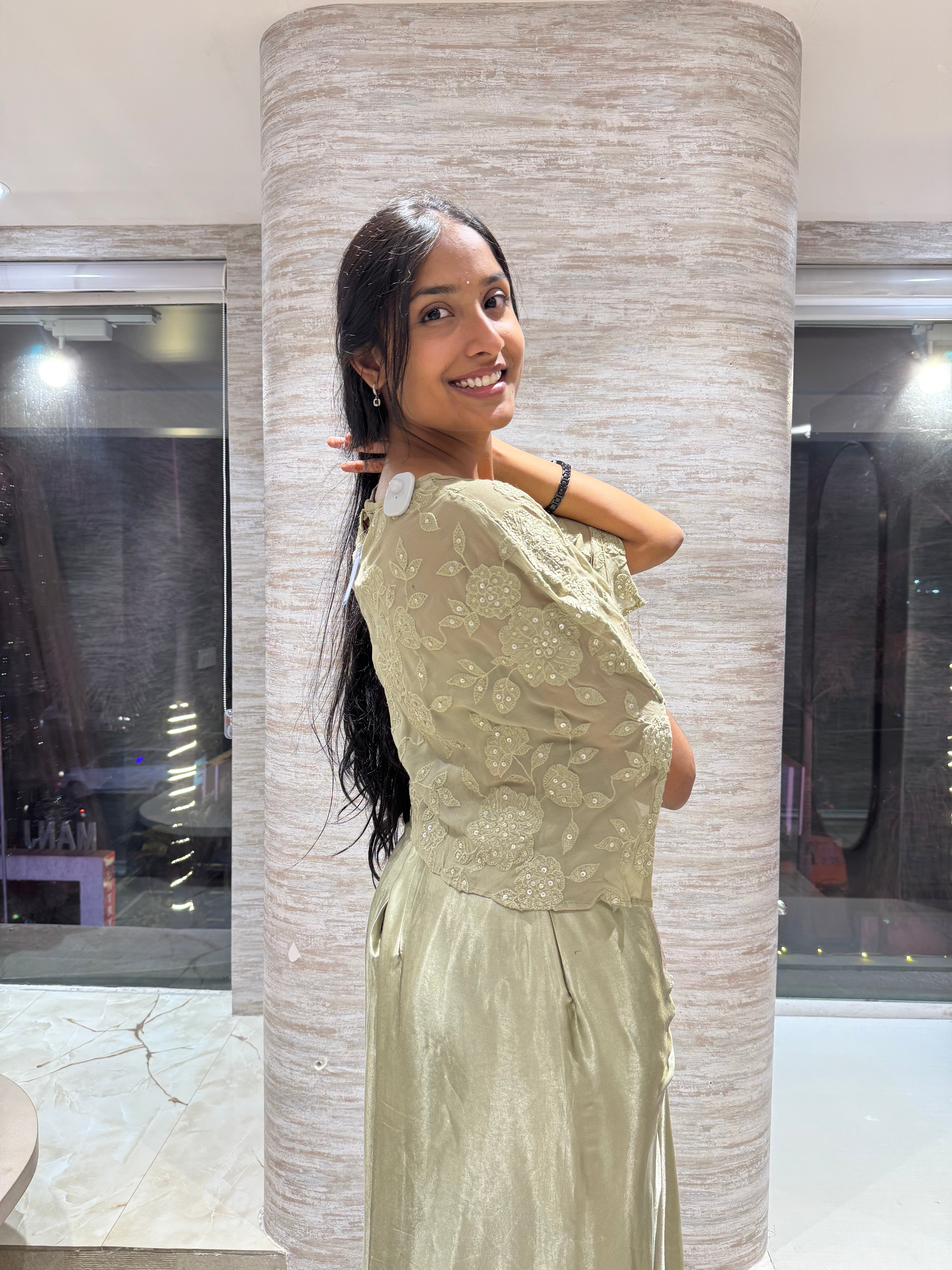 green Drape Gown With Floral Embroidered Cape