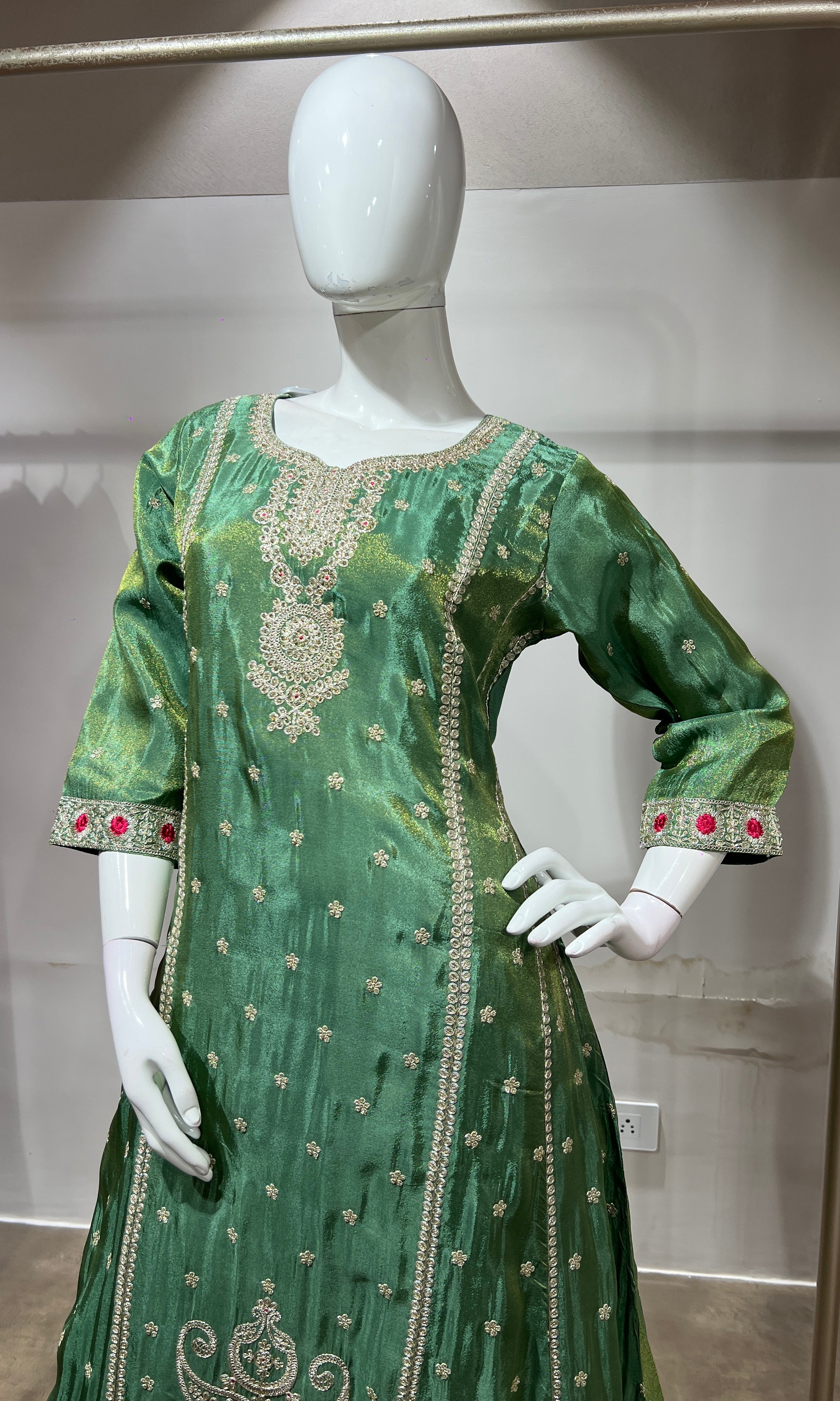 Green Silk Embroidered Kurta Suit with Dupatta