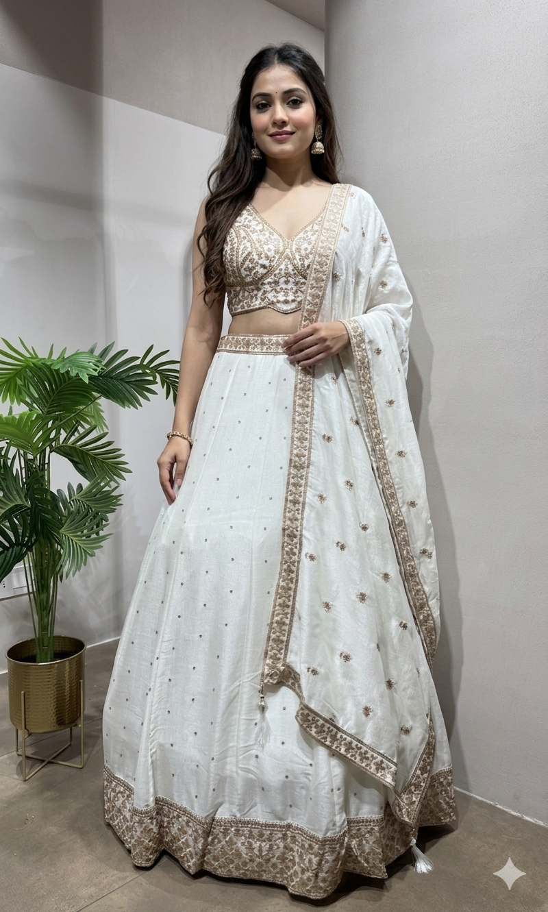 White Lehenga with gold embellished blouse