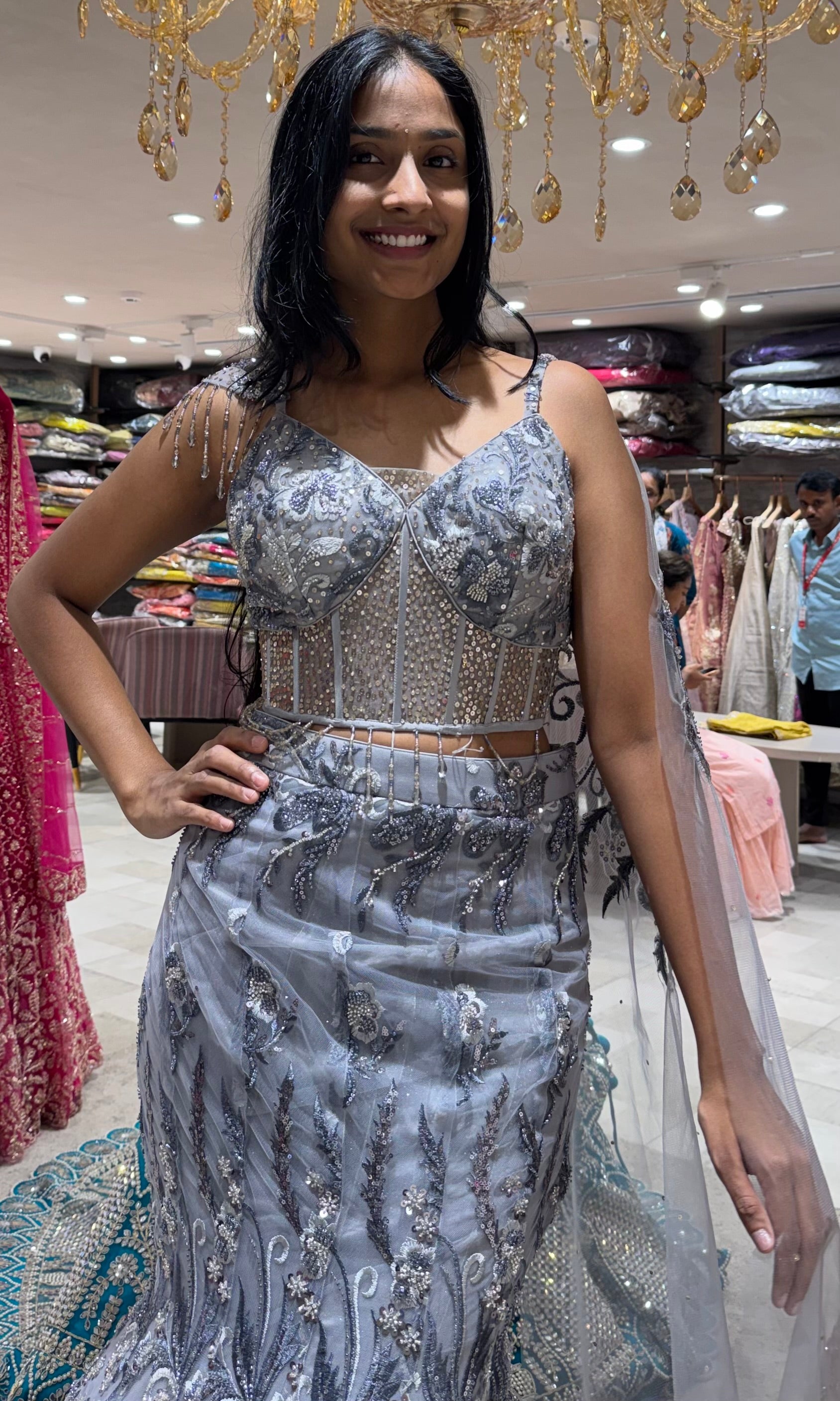 Grey Shimmer Sequins Embroidery Lehenga