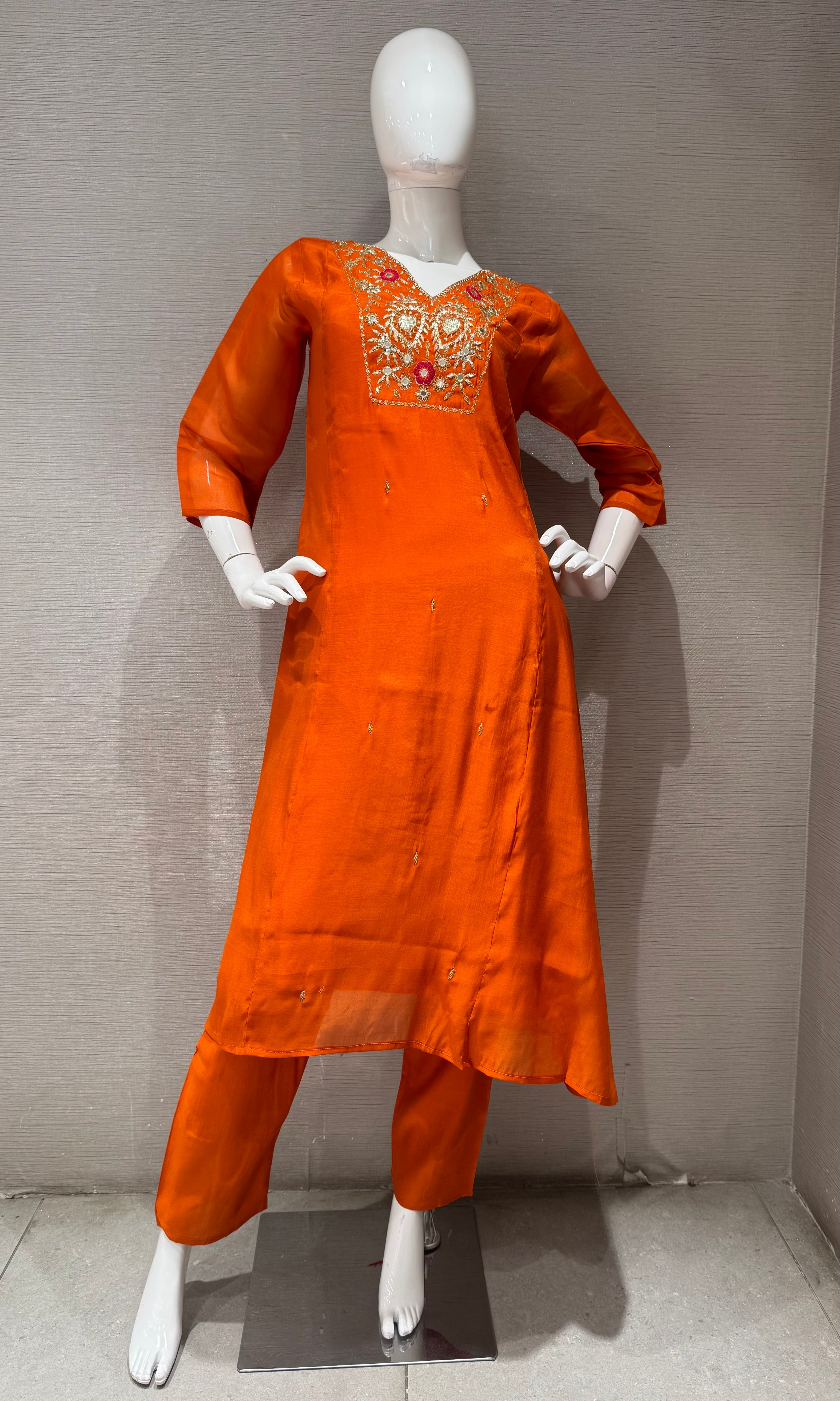 Orange Silk Salwar Suit Set with Contrasting Pink Dupatta
