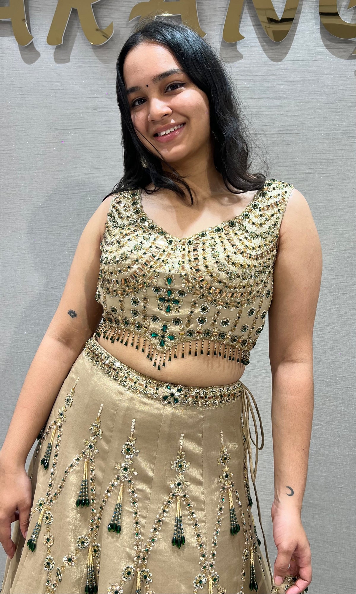Beige Gold Georgette Embellished Lehenga Choli Set