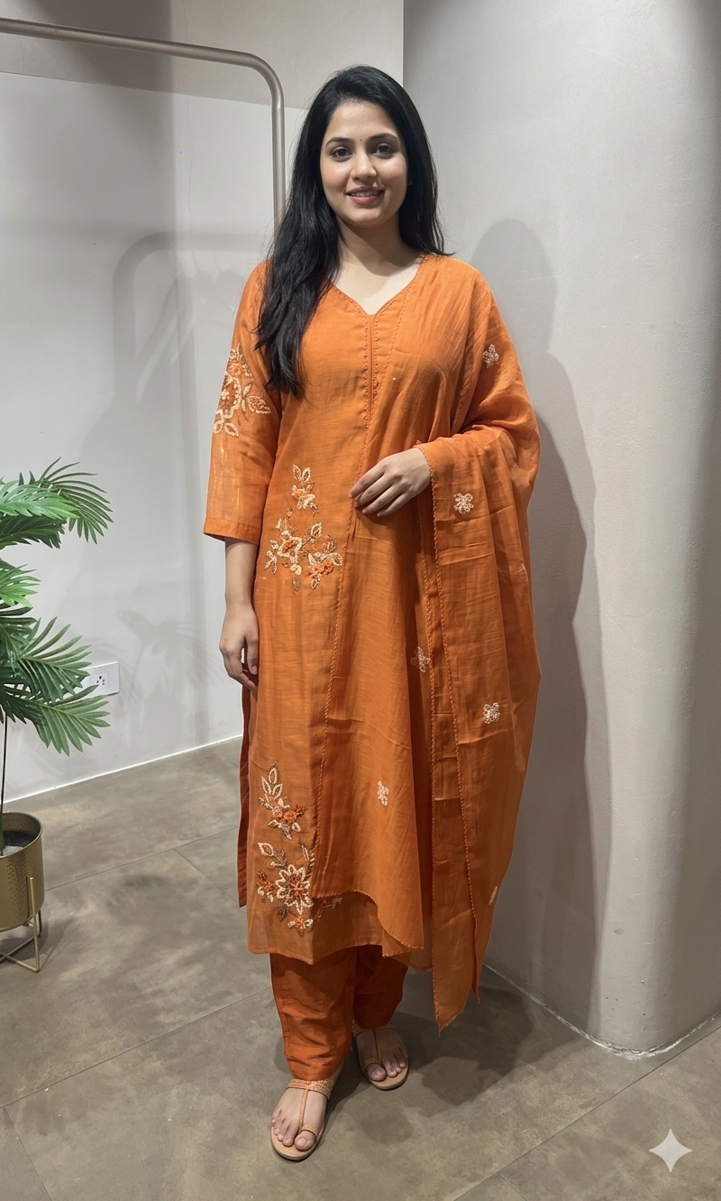 Rust Floral Mul Chanderi Embroidery Suit