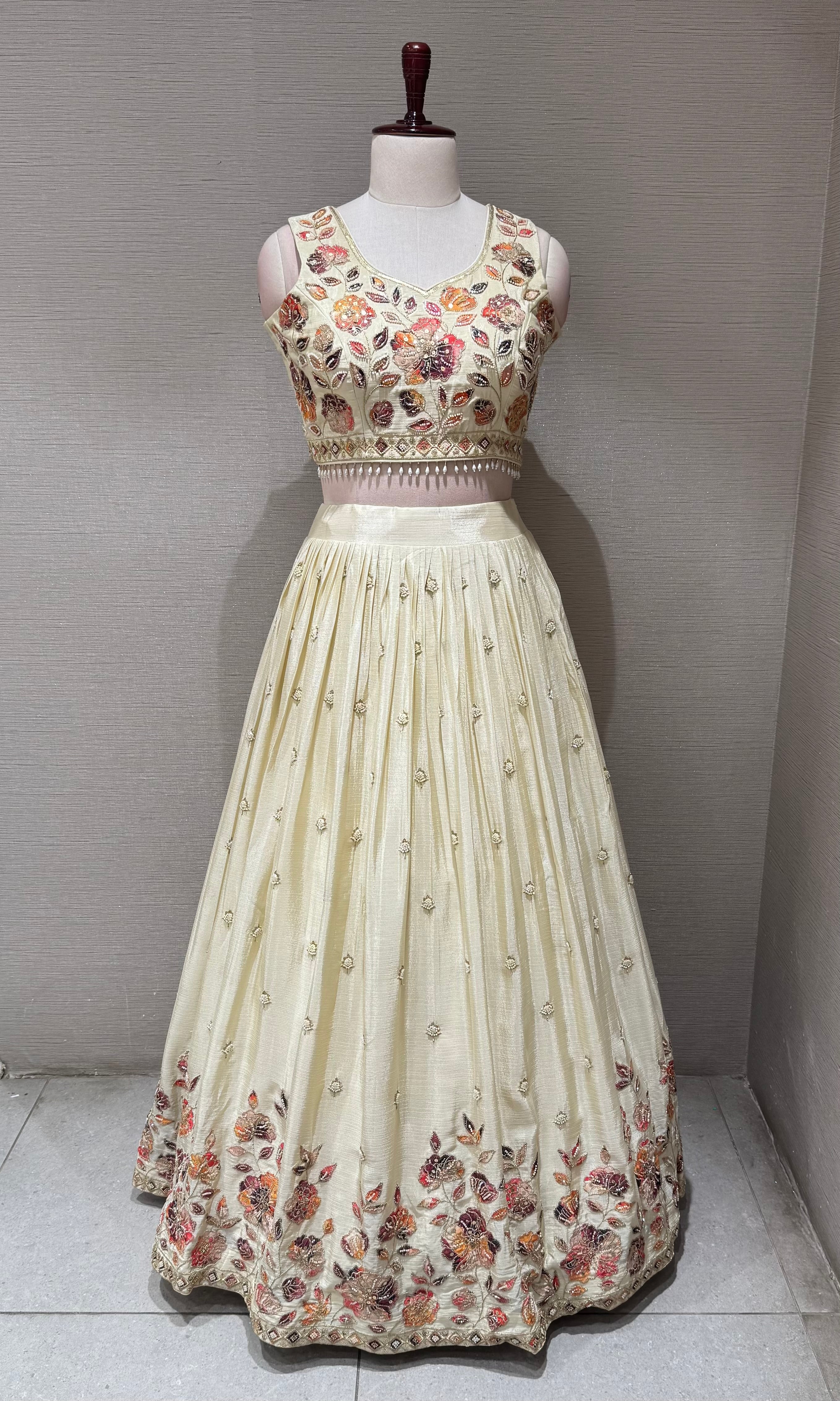 Cream Tissue silk Multi Floral Crop Top Lehenga set