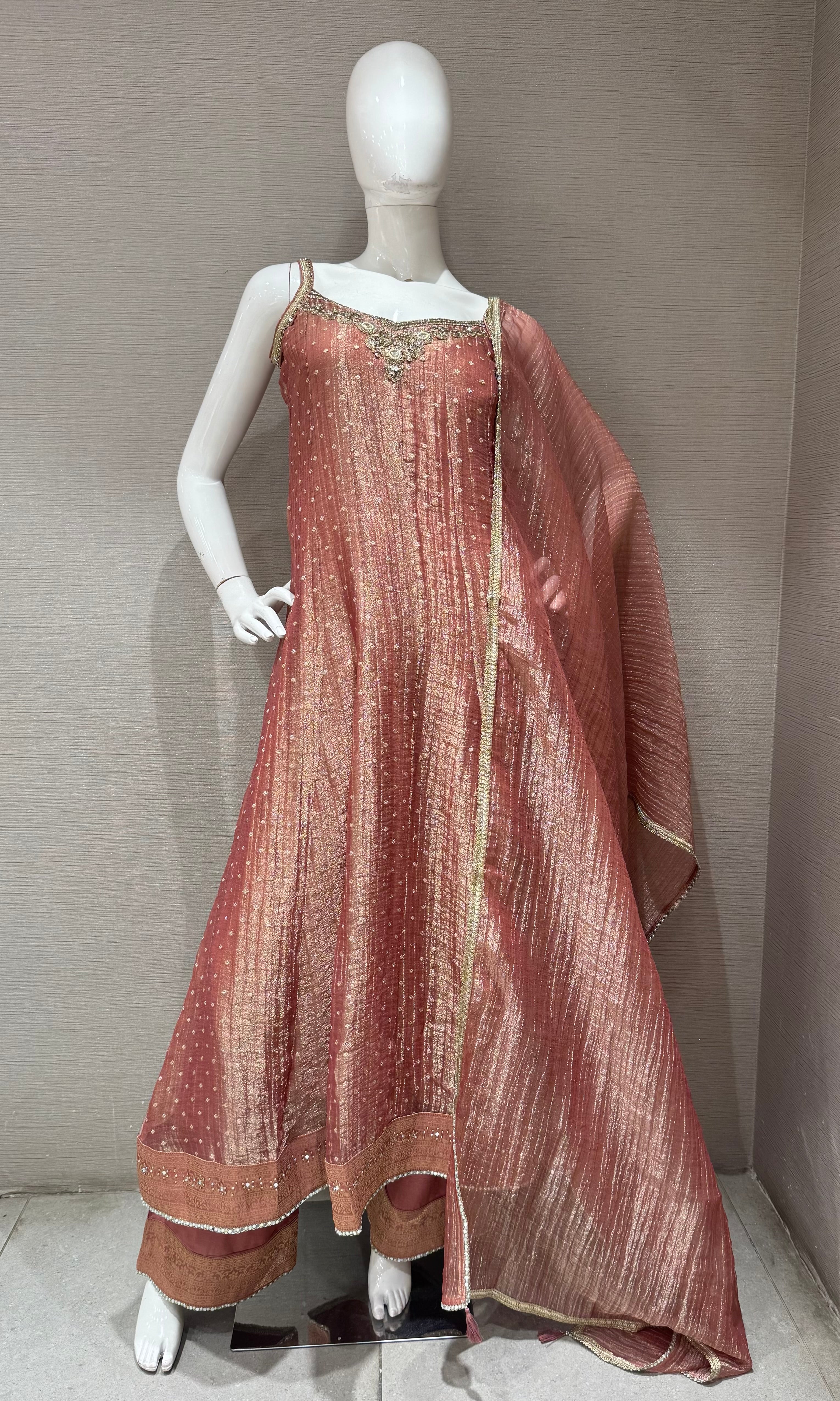 Peach Pink Shimmer Anarkali Set with Dupatta