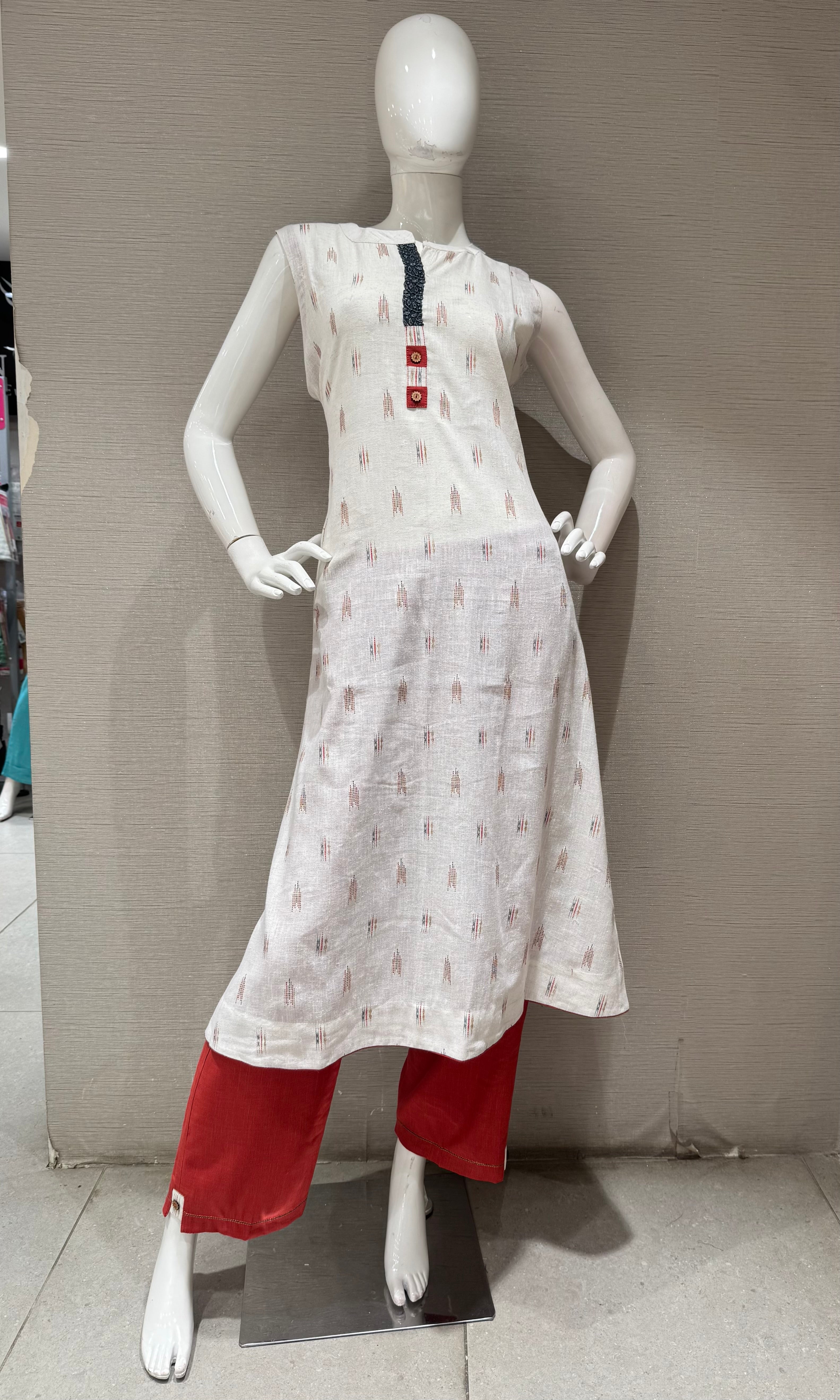 White Kurta with Red Motif Prints top bottom