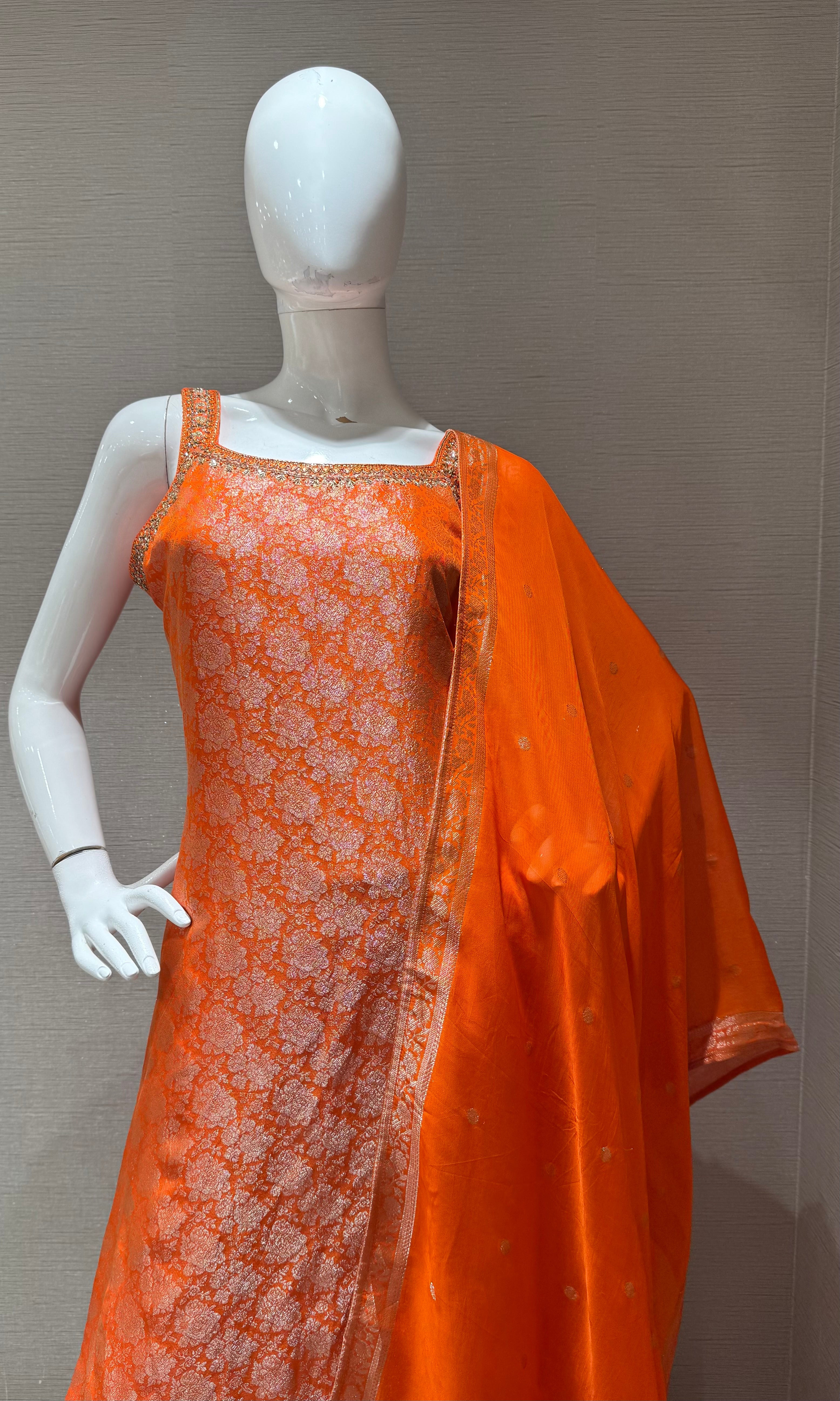 Orange banarasi silk kurta set with dupatta