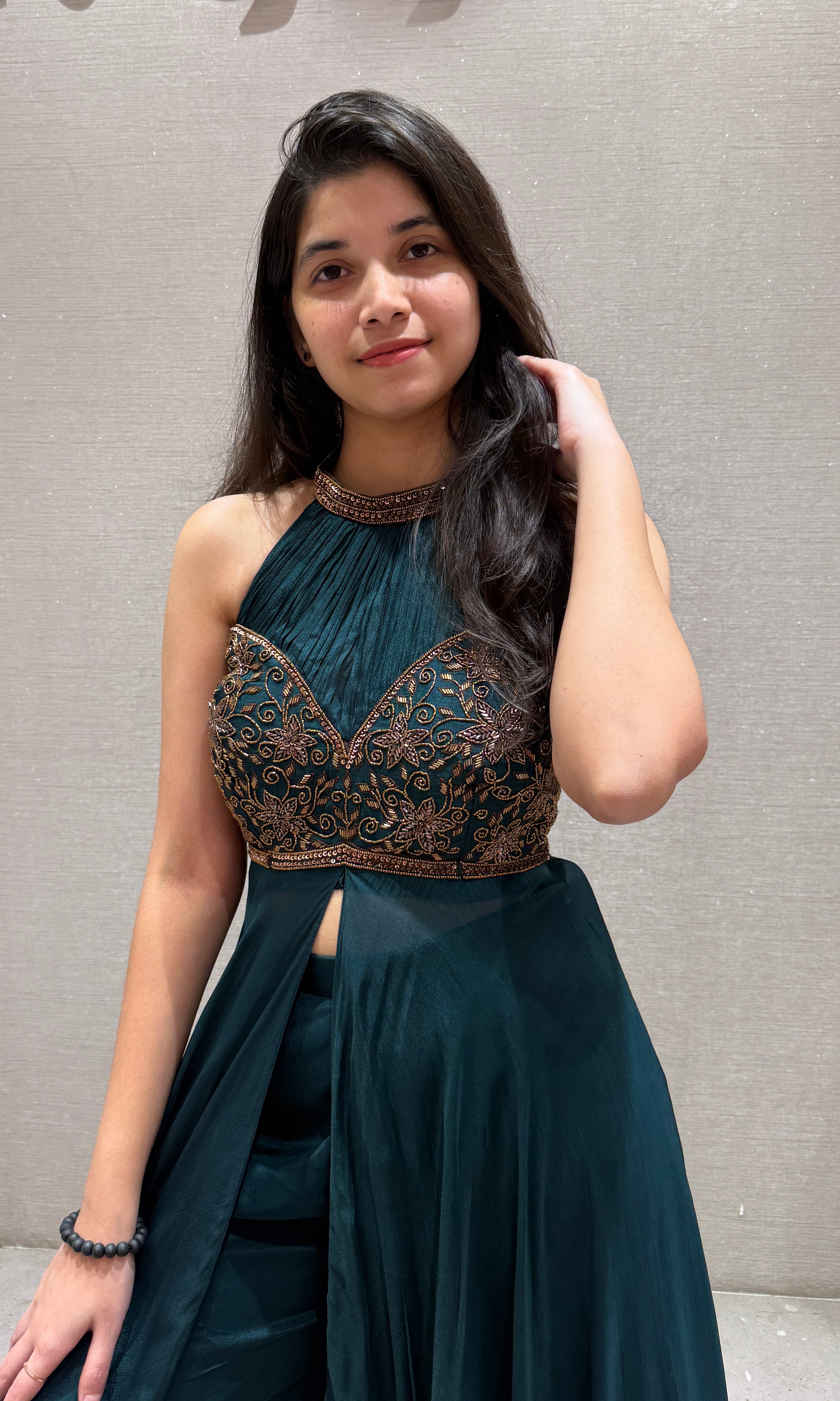 Peacock blue halter neck front silt gown